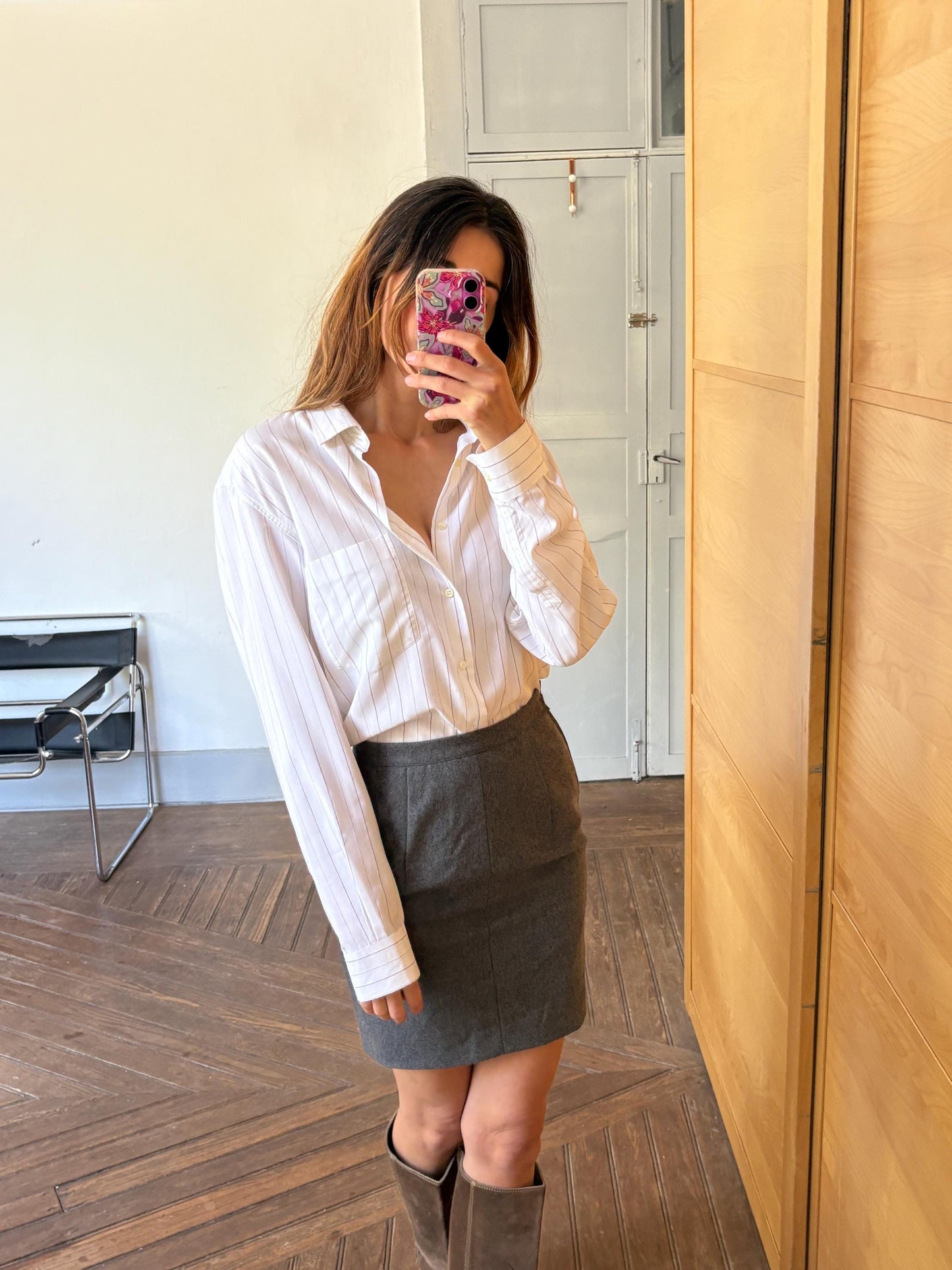 Vintage Dark Grey Wool Mini Skirt – High Waist Preppy Academia Aesthetic – Handmade Classic Plaid Schoolgirl Style – Size S