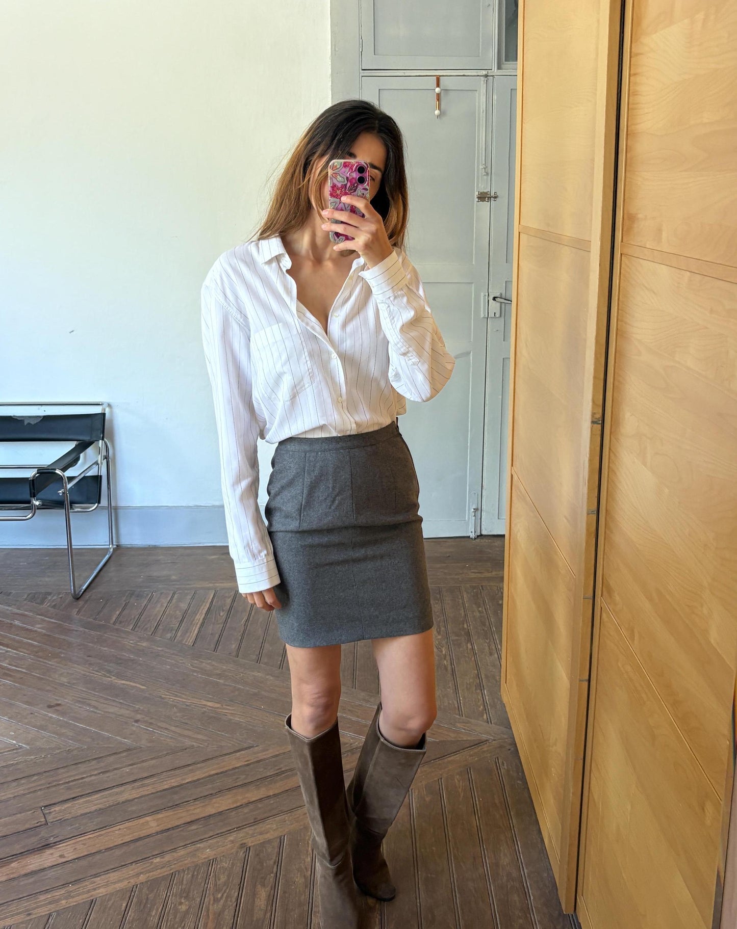 Vintage Dark Grey Wool Mini Skirt – High Waist Preppy Academia Aesthetic – Handmade Classic Plaid Schoolgirl Style – Size S