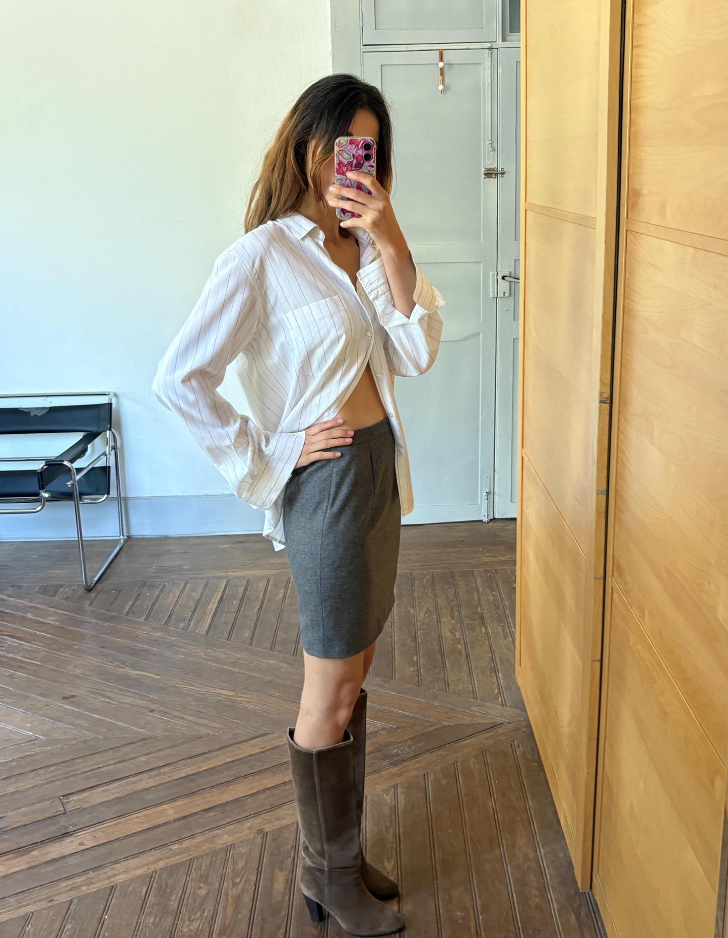 Vintage Dark Grey Wool Mini Skirt – High Waist Preppy Academia Aesthetic – Handmade Classic Plaid Schoolgirl Style – Size S