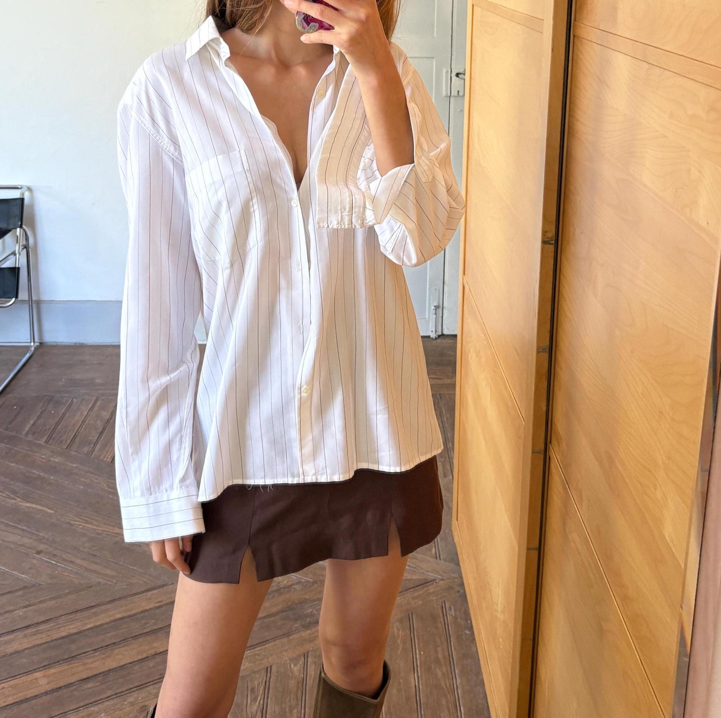 Vintage White & Grey Pinstriped Men's Button-Up Shirt – Sir Anthony Spain – Oversized Boyfriend Fit – Unisex Minimalist Aesthetic
