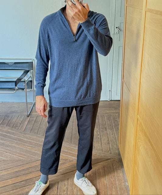 Vintage lambswool half-zip jumper, 100% lambswool soft knit mock neck pullover in blue, men’s sweater size 3XL - EU 62 - US XXL