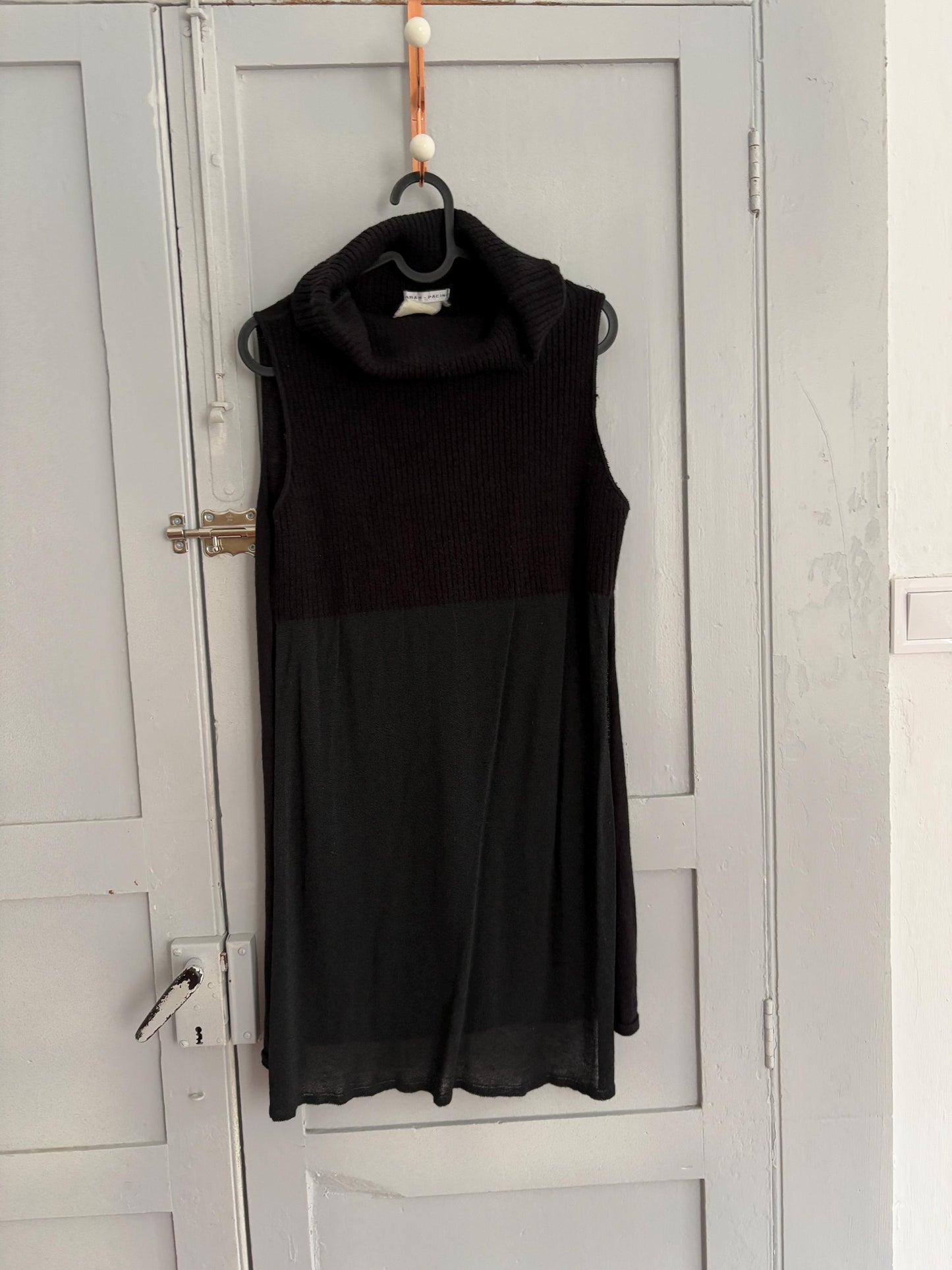 Vintage Black Sarah Pacini Turtleneck Tunic Top – Minimalist High Neck Wool Blend – Layered Sheer Mini Dress Look