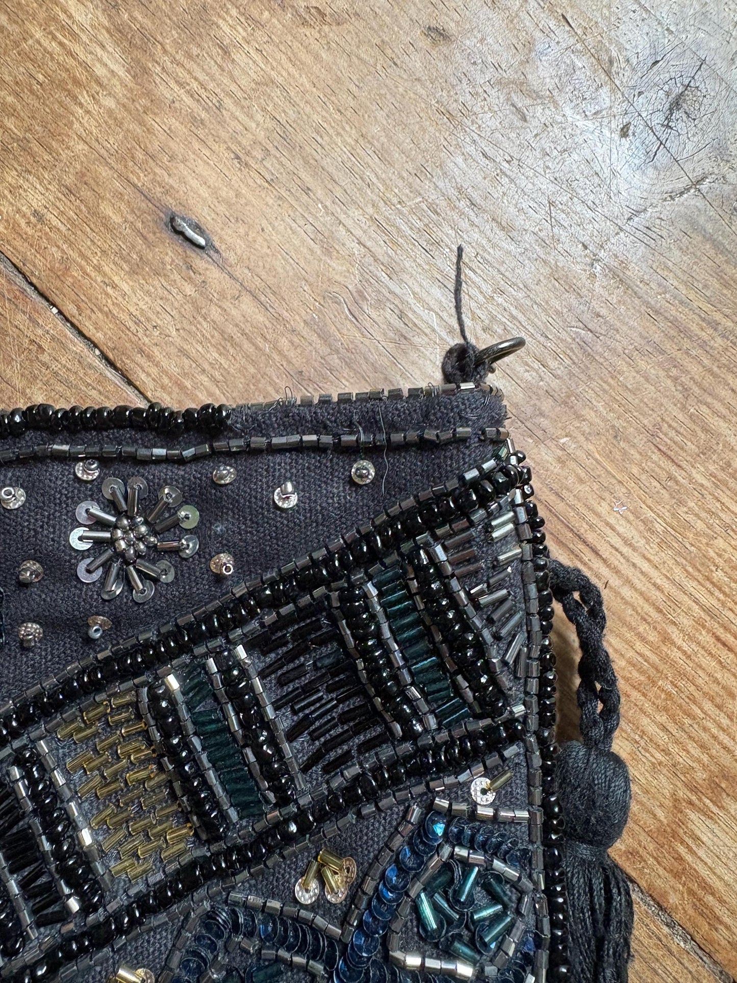 Vintage Black Beaded Sequin Shoulder Bag – Boho Gatsby-Inspired Evening Purse with Tassels