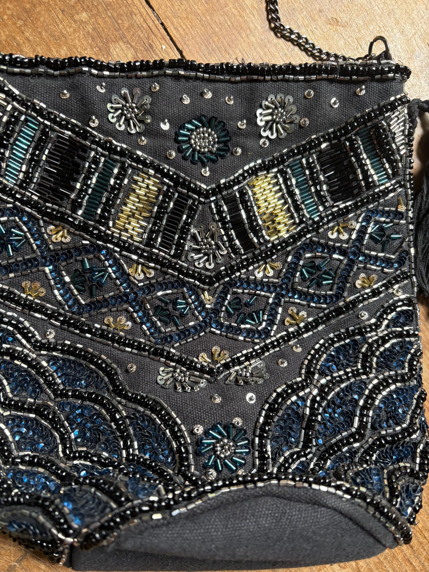 Vintage Black Beaded Sequin Shoulder Bag – Boho Gatsby-Inspired Evening Purse with Tassels