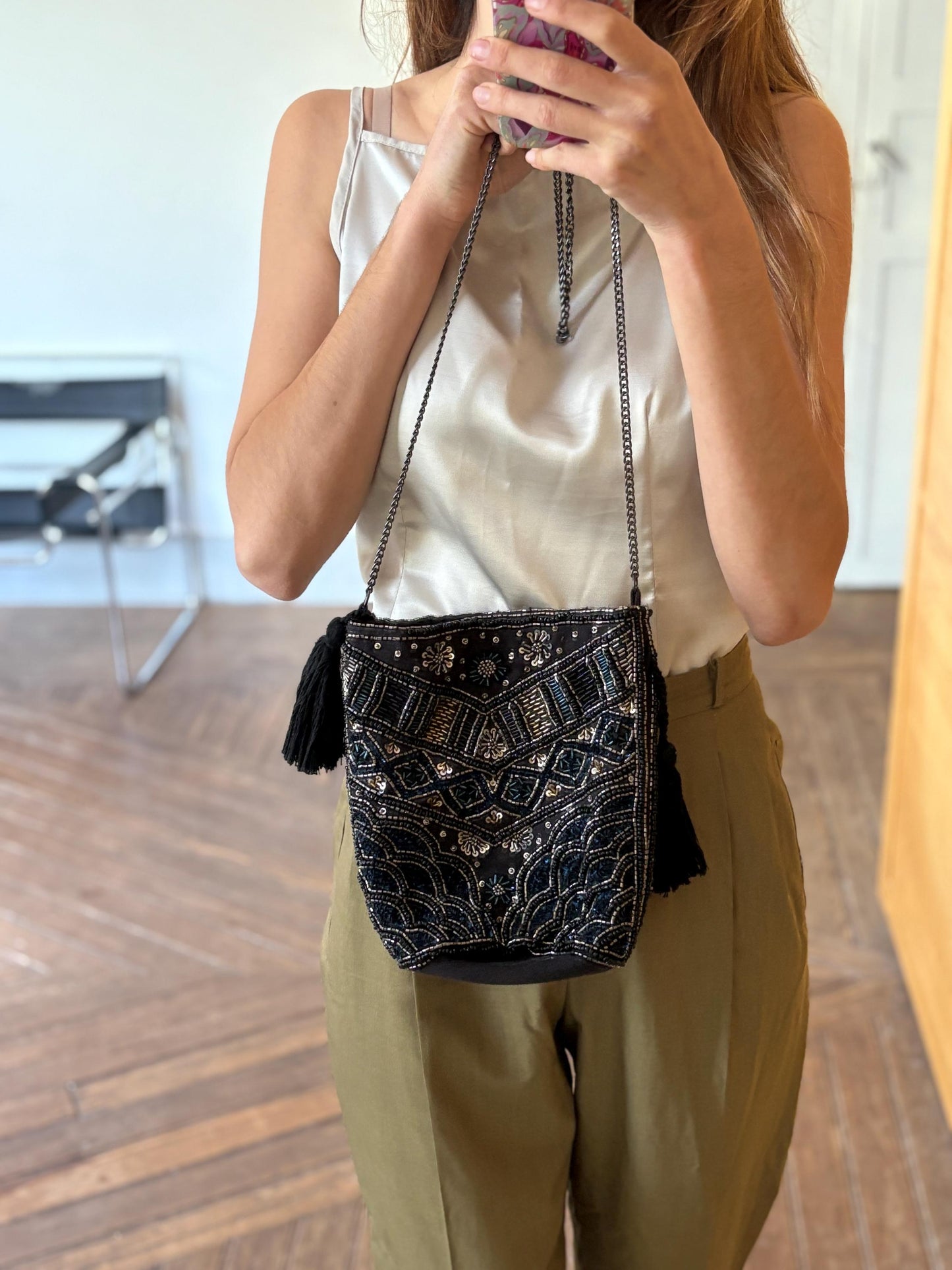 Vintage Black Beaded Sequin Shoulder Bag – Boho Gatsby-Inspired Evening Purse with Tassels