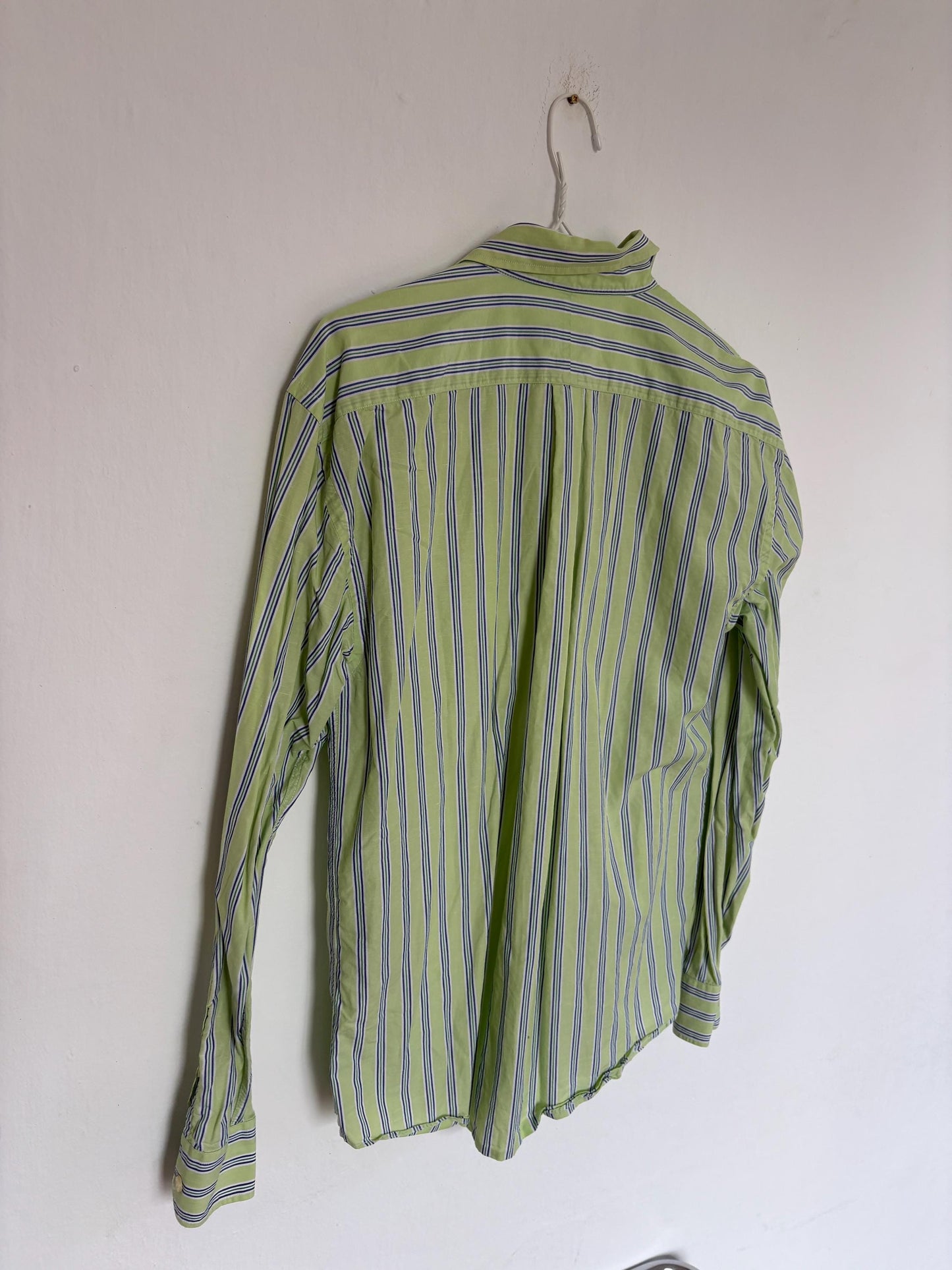 Vintage green Pedro del Hierro button down blouse, Luxe striped cotton linen blend unisex oversized shirt, Preppy classic aesthetic