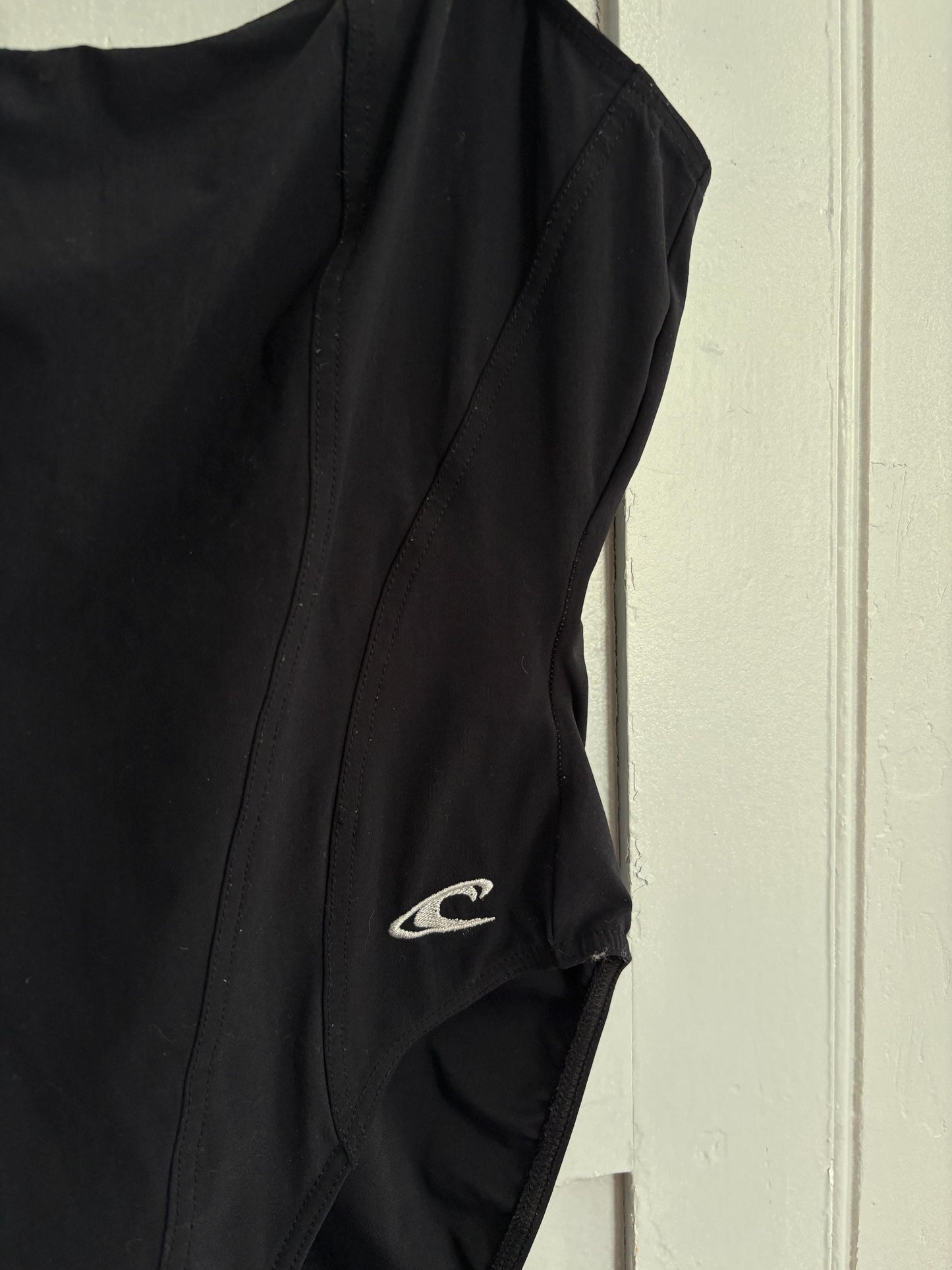 VINTAGE O’Neill black one-piece swimsuit, Vintage 90s surfwear, Black hot bodysuit, Size S, Sexy high leg scoop, Open back swimwear
