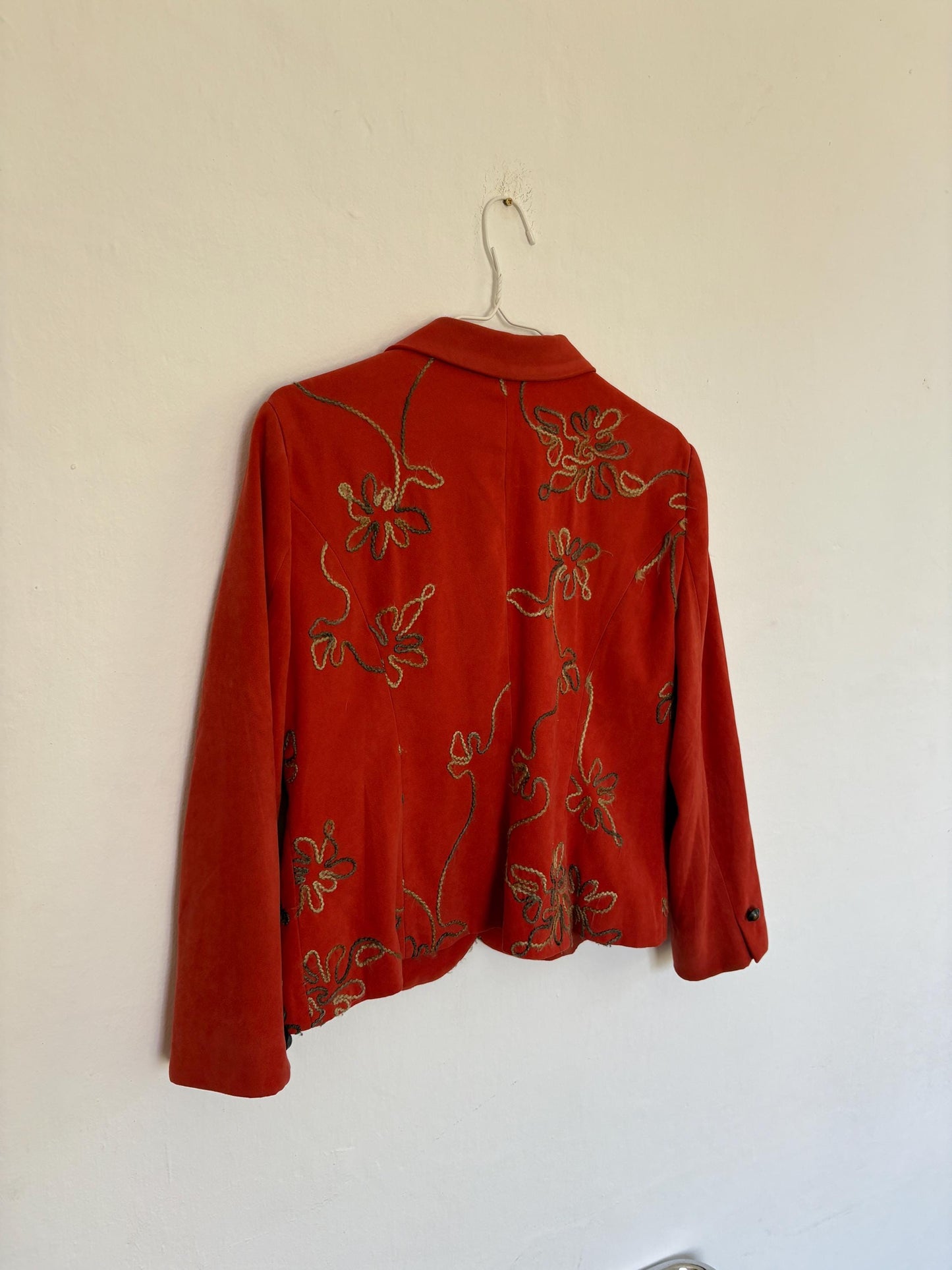 Vintage vibrant red Blazer Made in Spain, Floral Embroidered Red Jacket, Size M, Fun playful retro summer coat