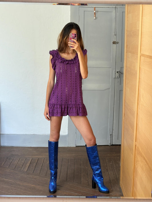 Vintage purple Pedro del Hierro Sport mini dress, Sexy eyelet cotton summer coverup, See through beachwear, Sheer pop of colour clothing