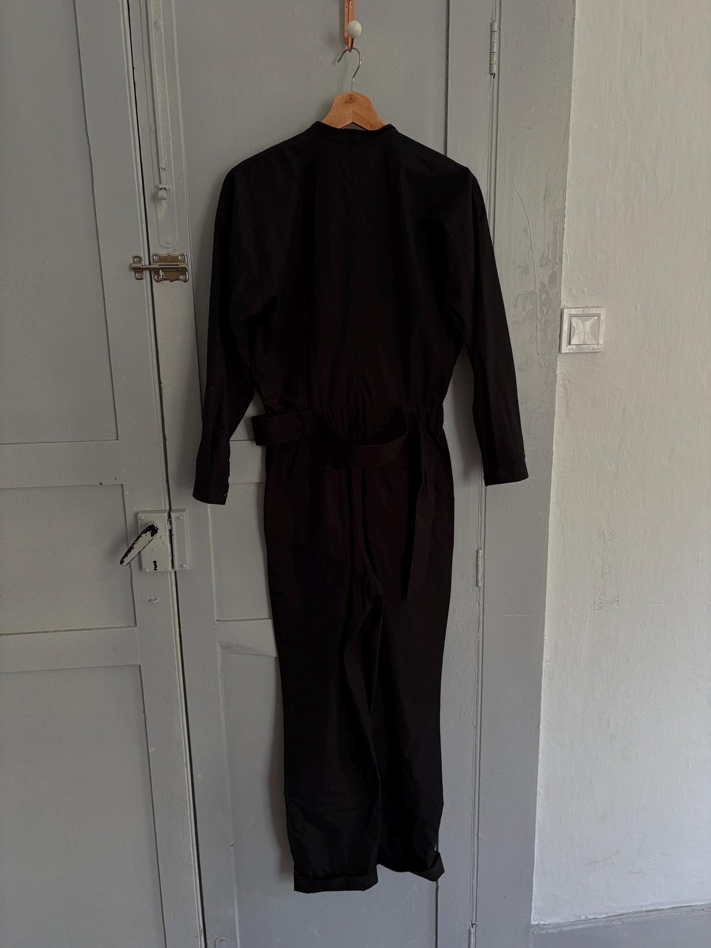 Black cotton jumpsuit, Massimo Dutti, tailored summer one-piece, snap button front, belted waist, size XS, utility chic style