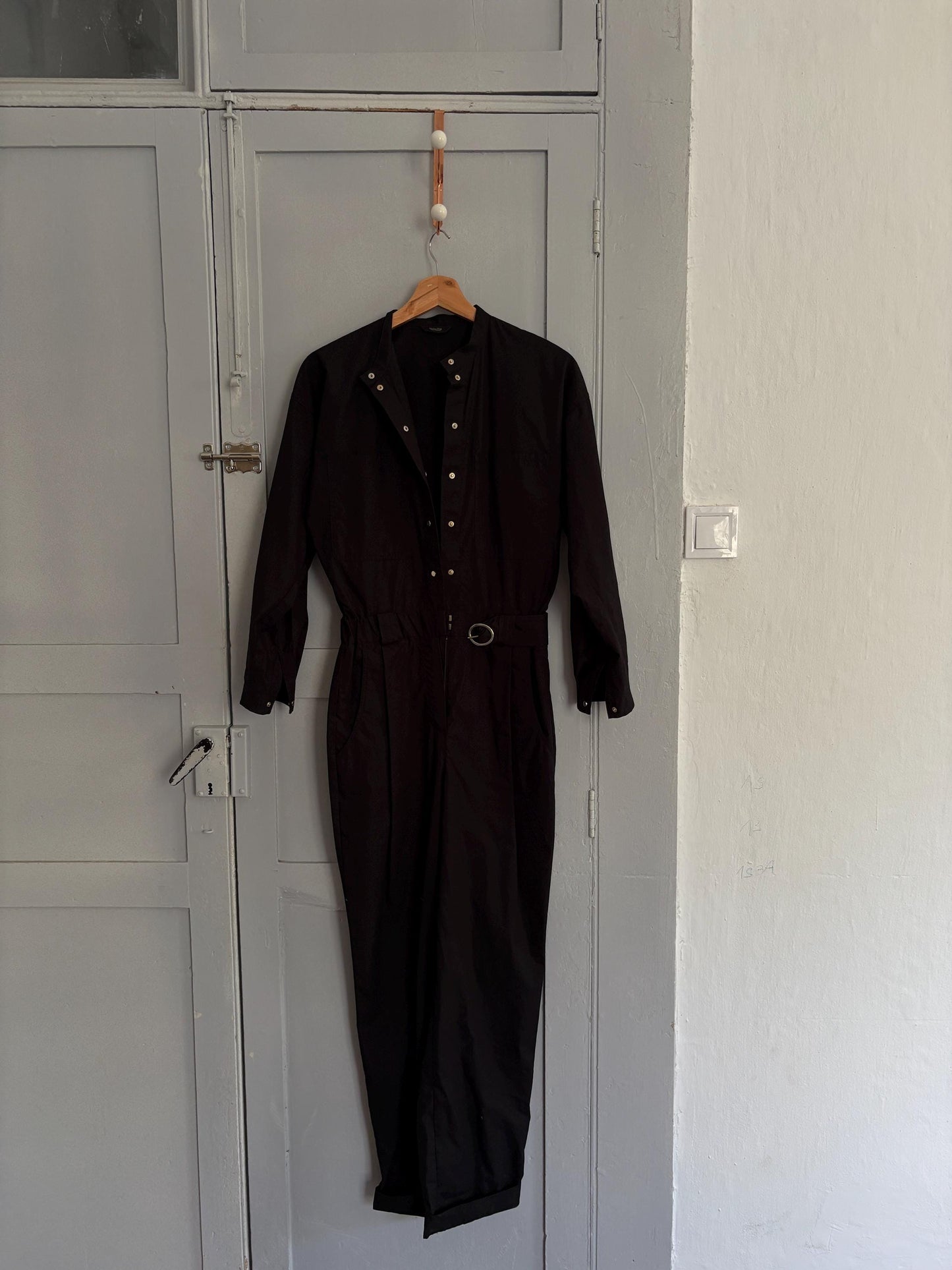 Black cotton jumpsuit, Massimo Dutti, tailored summer one-piece, snap button front, belted waist, size XS, utility chic style