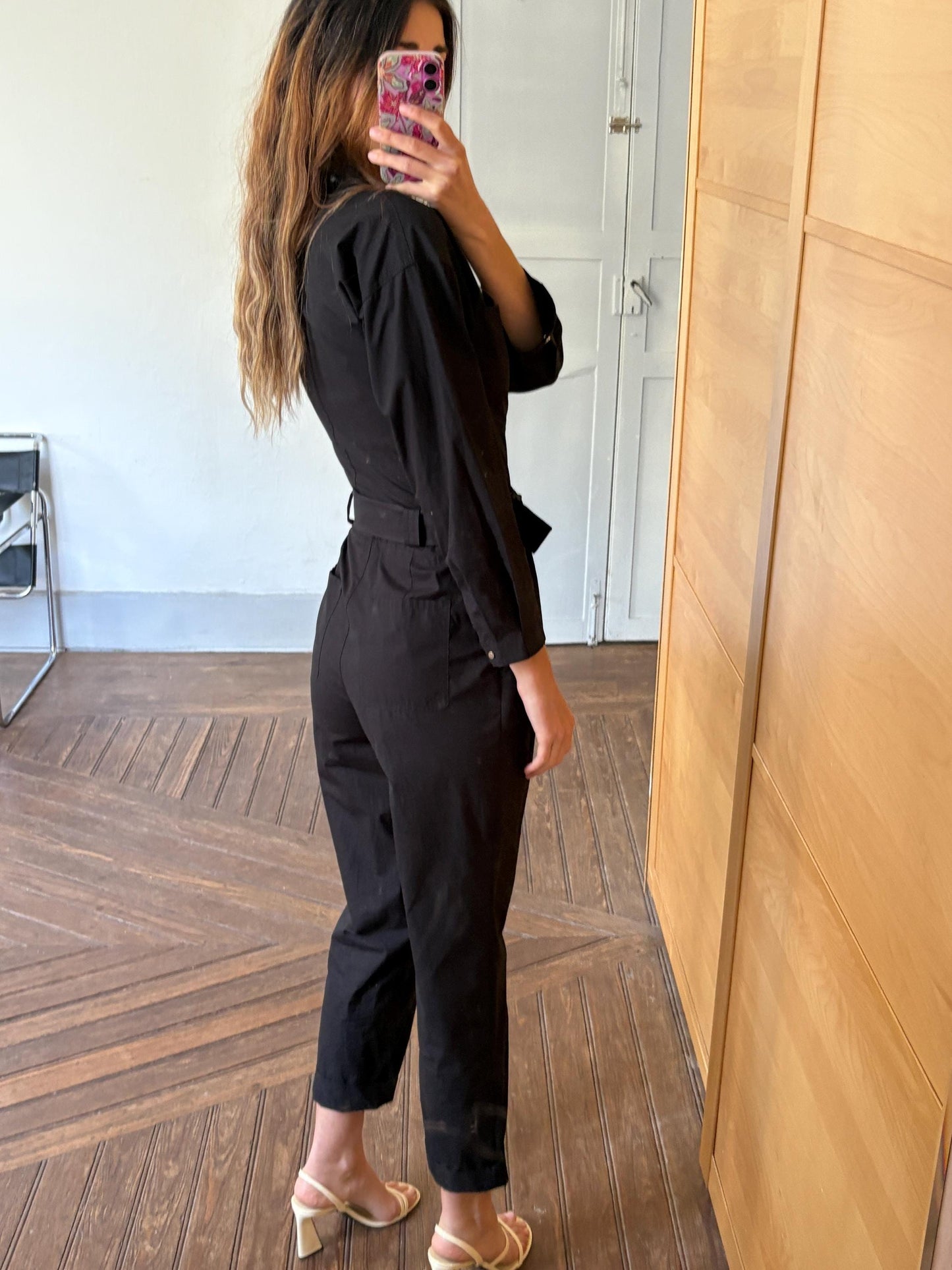 Black cotton jumpsuit, Massimo Dutti, tailored summer one-piece, snap button front, belted waist, size XS, utility chic style