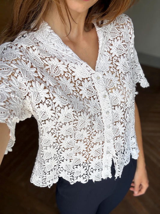 Vintage white lace blouse, Cottage core summer top, sheer floral fabric, crystal button detail, romantic style, size M-L