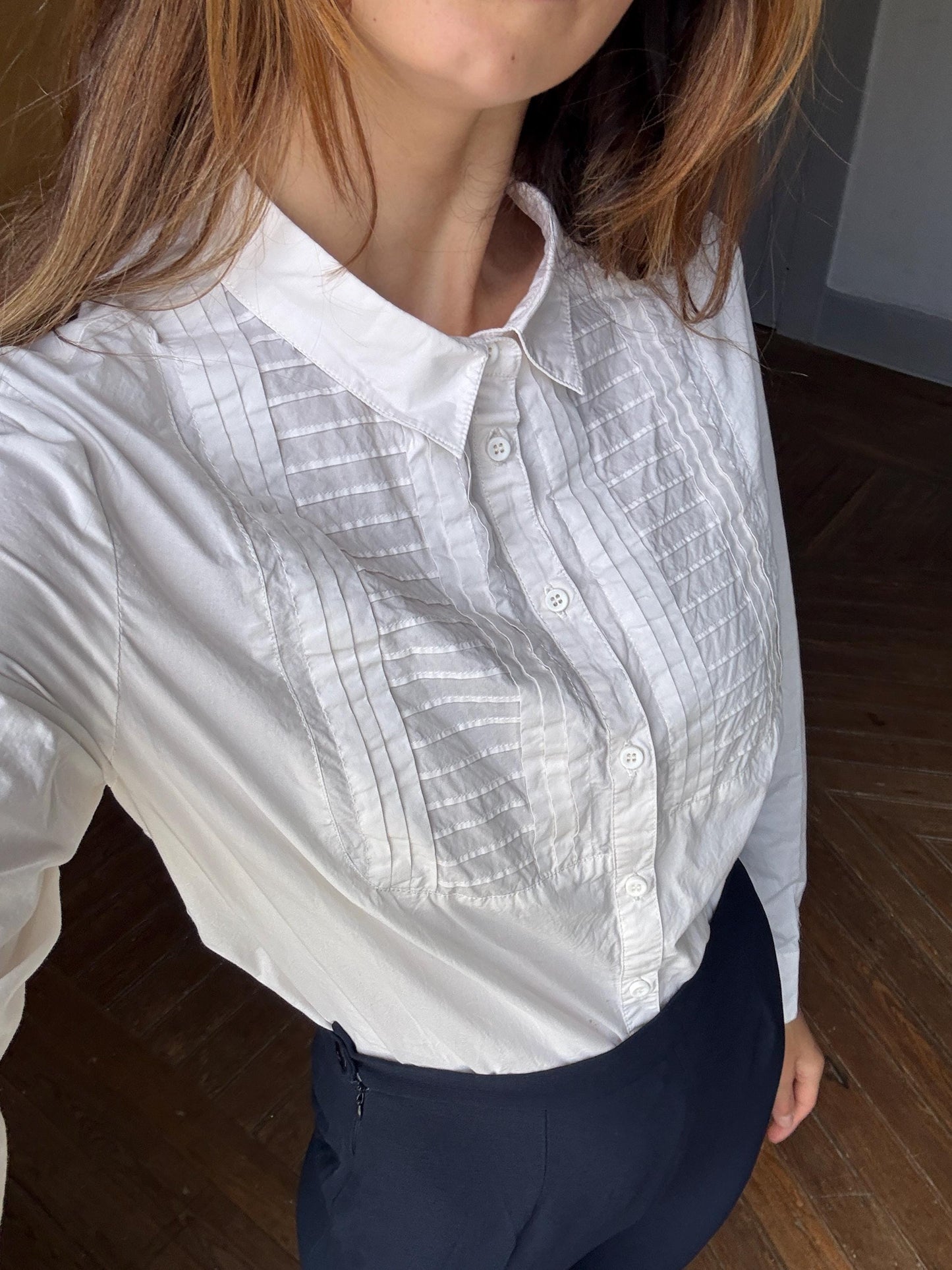Vintage white button up cotton blouse, Cottage core shirt, Long sleeve dark academia oxford shirt, Formal work wear style, Size M