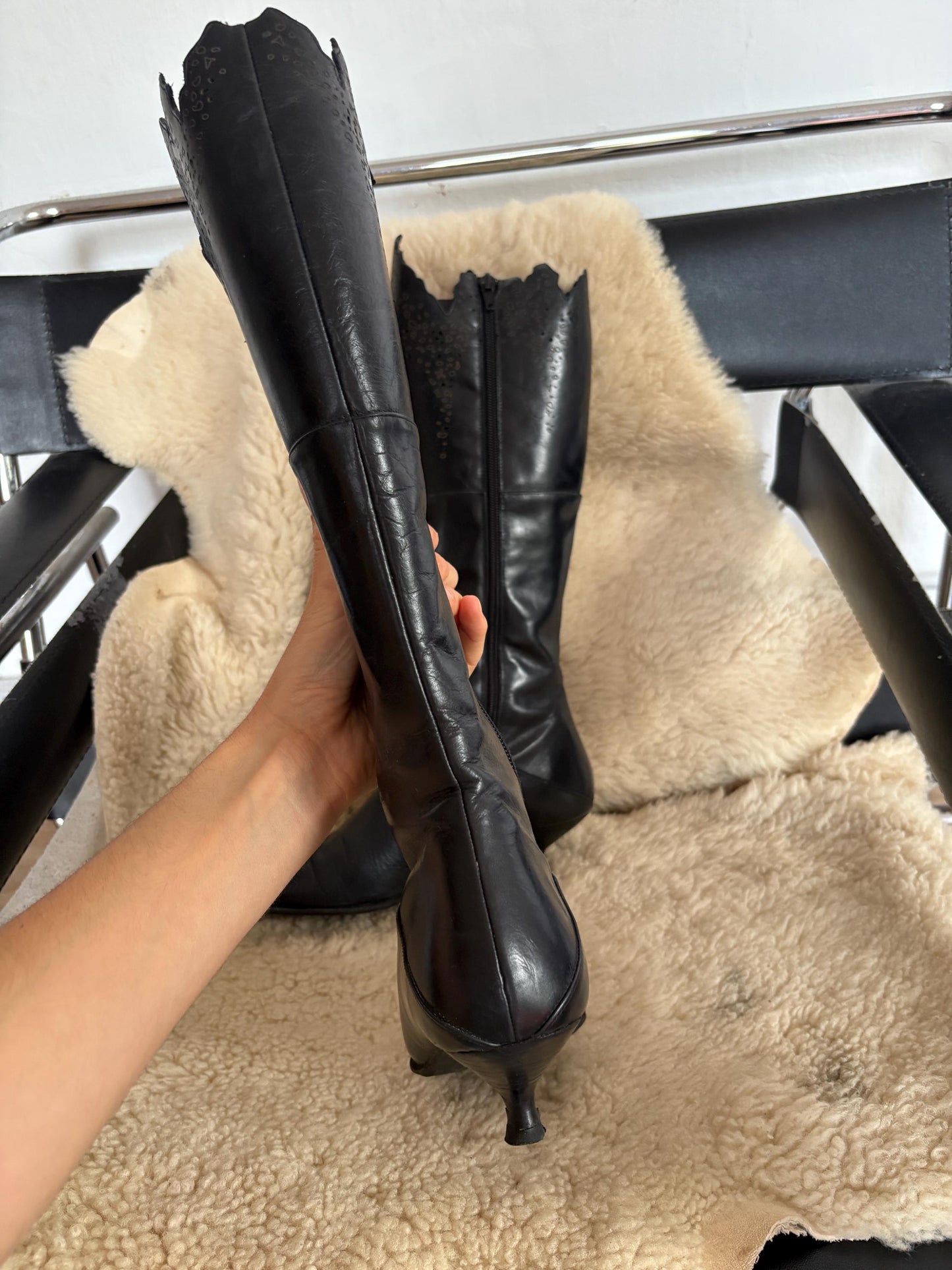 Vintage Black Pointed Toe Knee High Boots, Gothic Western Cutout Detailing, Kitten Heel Boots, Vegan Friendly, 90s Y2K Alternative Fashion