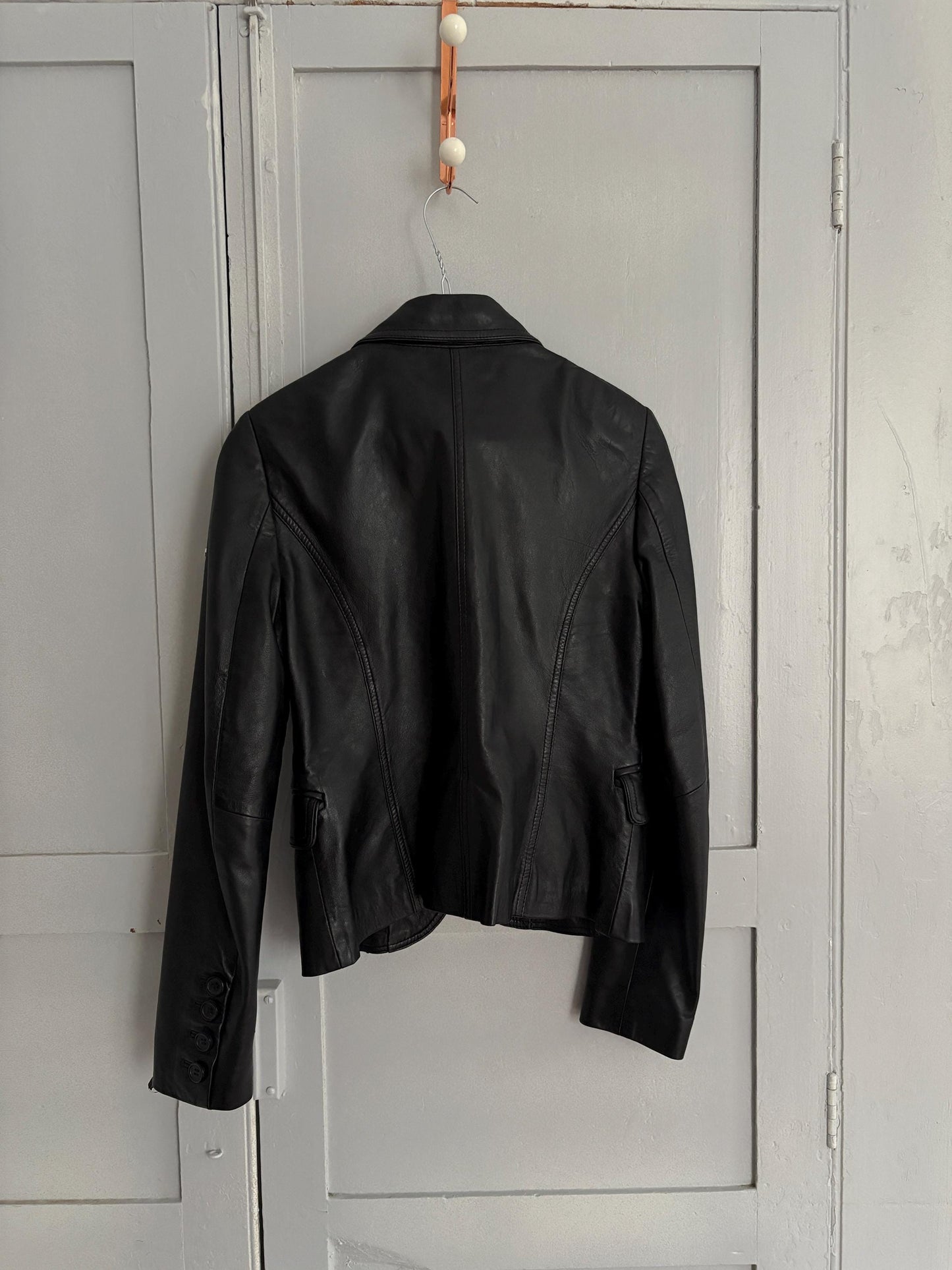 Vintage Black Leather Blazer – Tailored Y2K Moto-Inspired Jacket, Size XS - S