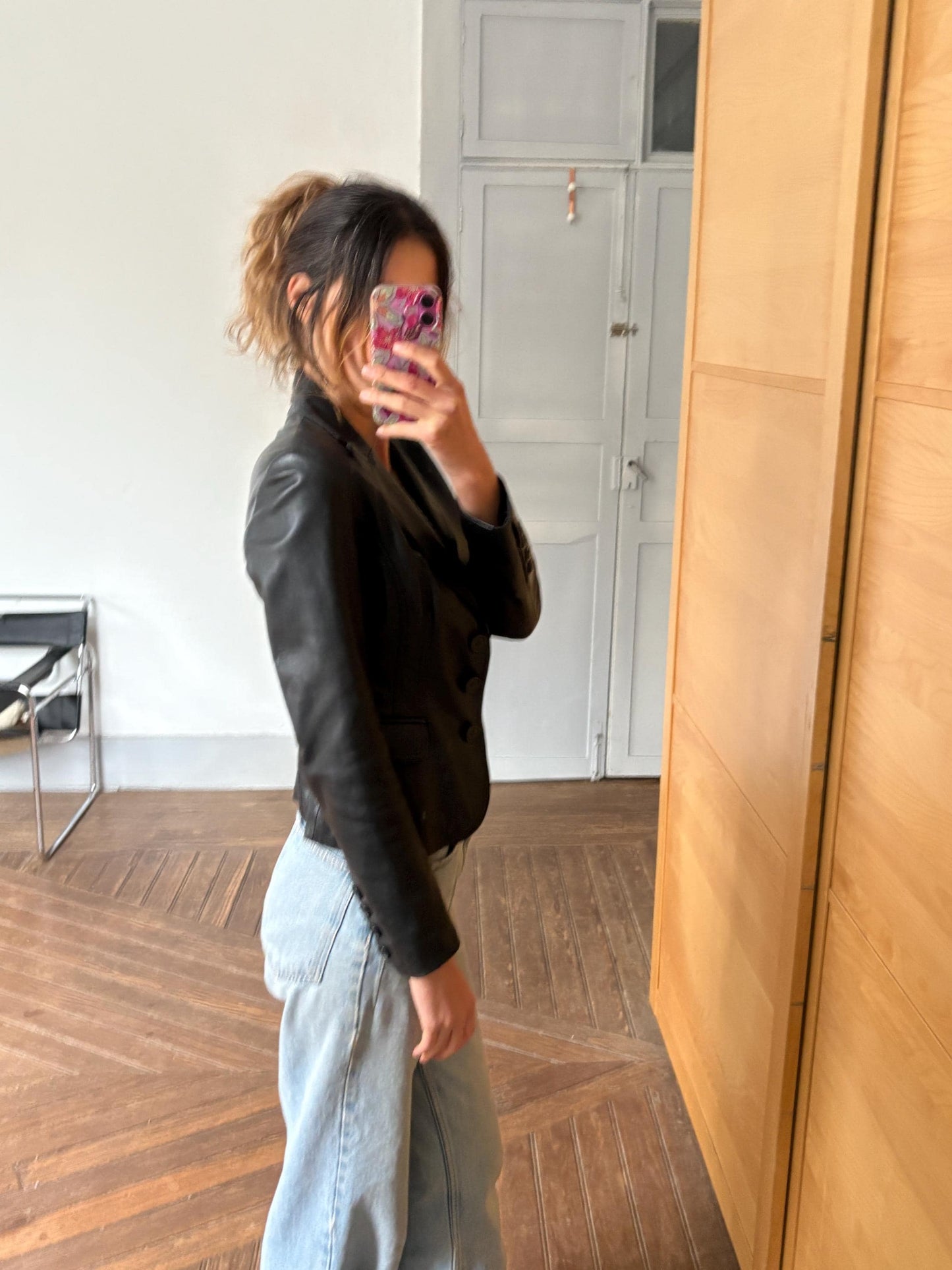 Vintage Black Leather Blazer – Tailored Y2K Moto-Inspired Jacket, Size XS - S