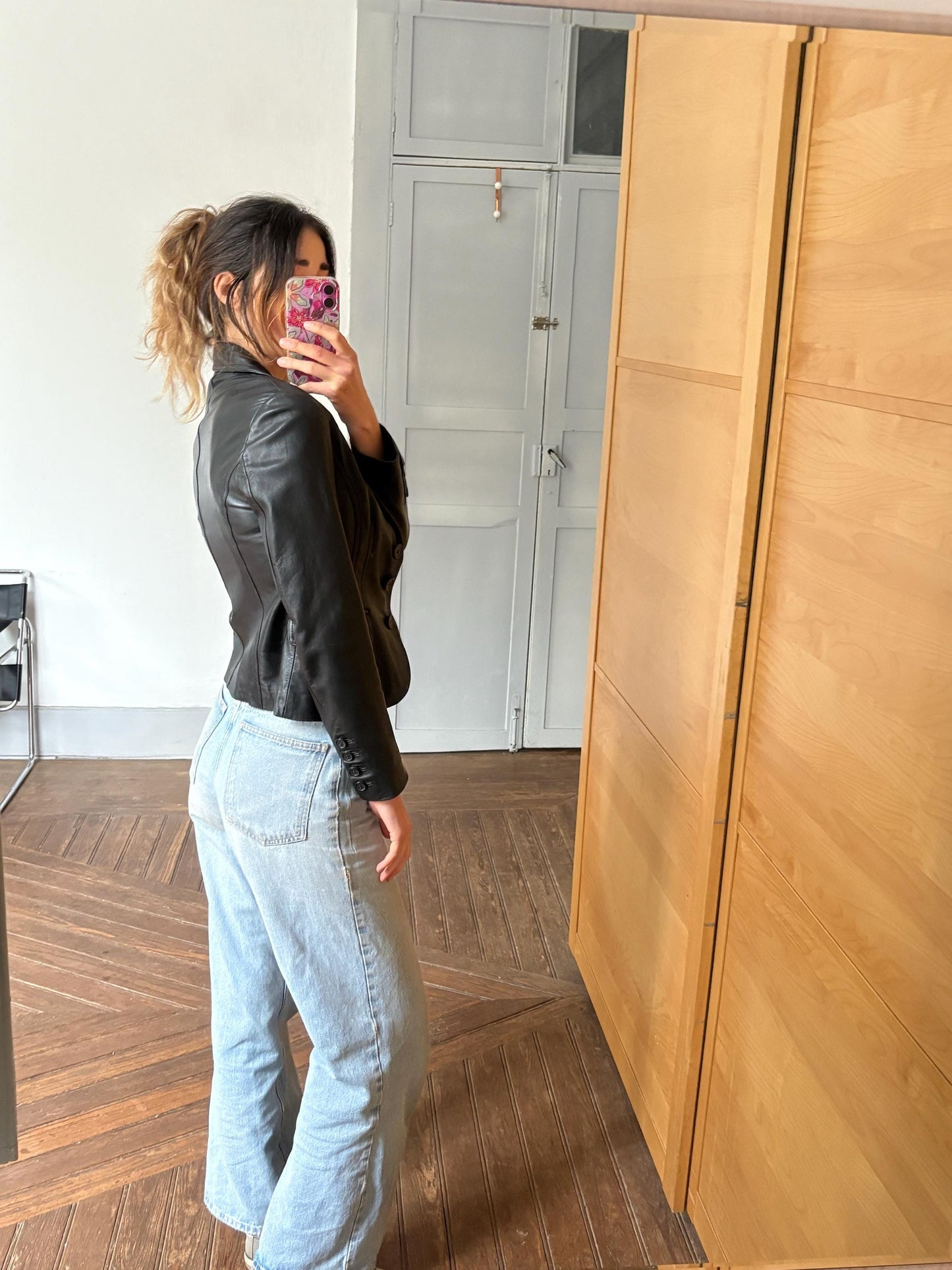 Vintage Black Leather Blazer – Tailored Y2K Moto-Inspired Jacket, Size XS - S