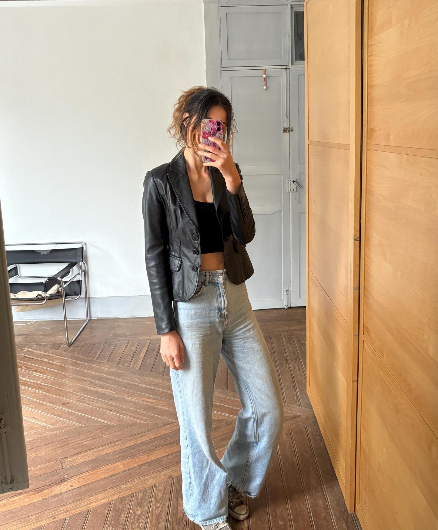 Vintage Black Leather Blazer – Tailored Y2K Moto-Inspired Jacket, Size XS - S