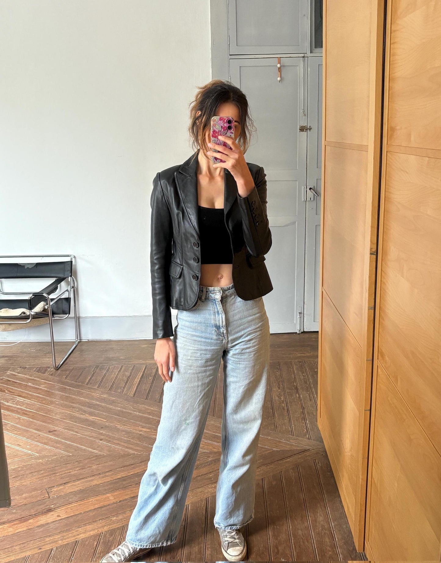 Vintage Black Leather Blazer – Tailored Y2K Moto-Inspired Jacket, Size XS - S