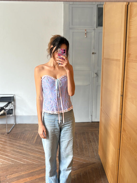 Vintage Pink & Purple Lace-Up Corset – Romantic Fairycore Aesthetic, Size L - XL