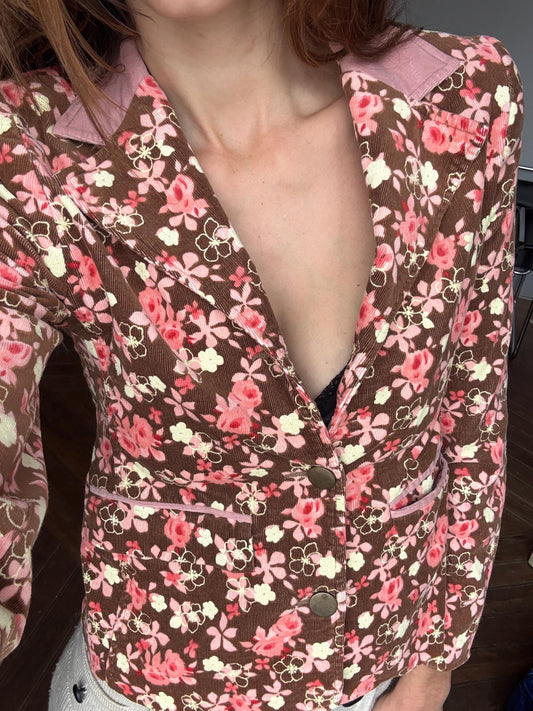 Vintage floral corduroy blazer jacket – Y2K aesthetic, cropped fit, pink brown flower print, cottagecore layering piece