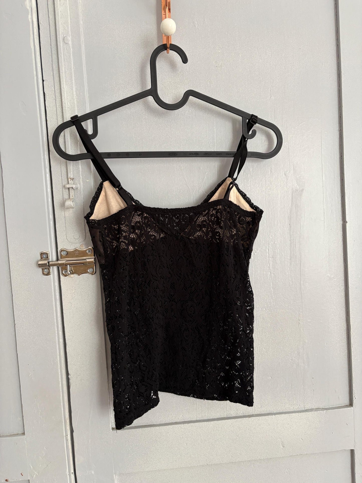 Vintage Black Lace Mesh Camisole – Sheer Polka Dot Cup Detail – Size XS