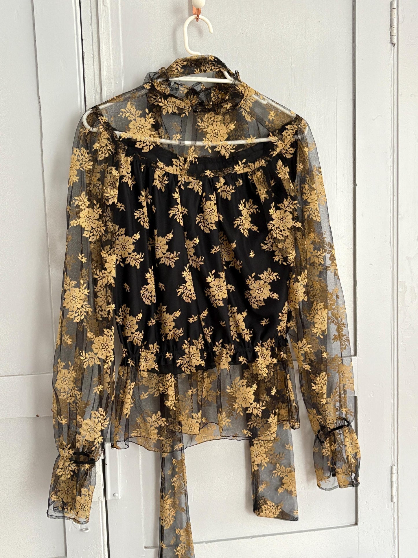 Vintage lace sheer top romantic gothic floral blouse with long scarf tie versatile styling option