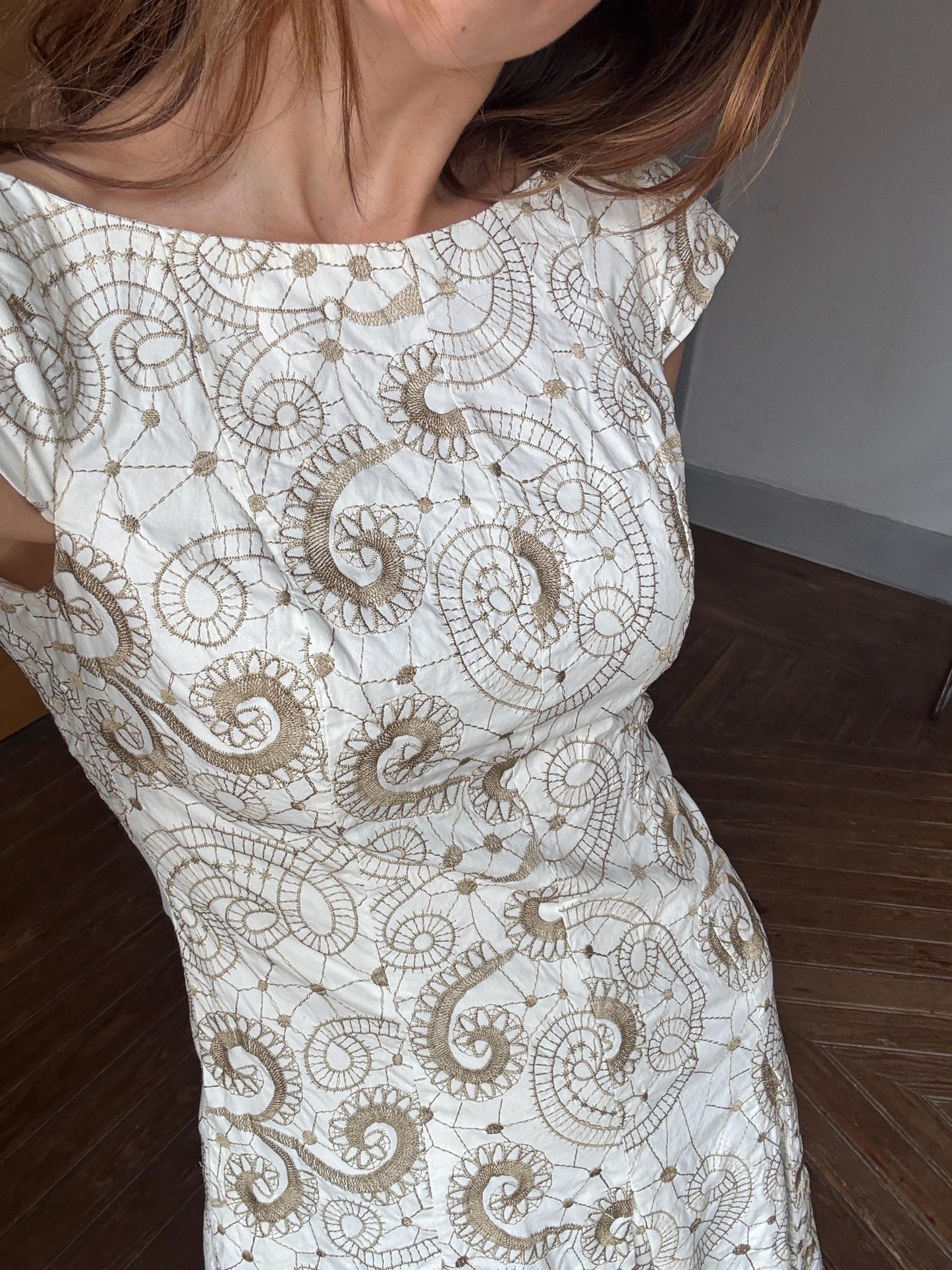 Vintage white embroidered fit and flare summer mini dress with cap sleeves and swirl floral pattern cotton elastane blend