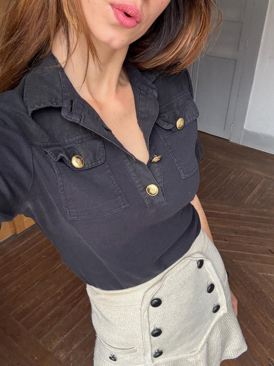 Vintage Carolina Herrera Black Shirt – Gold Button Detail Cotton Polo Style Top Size M