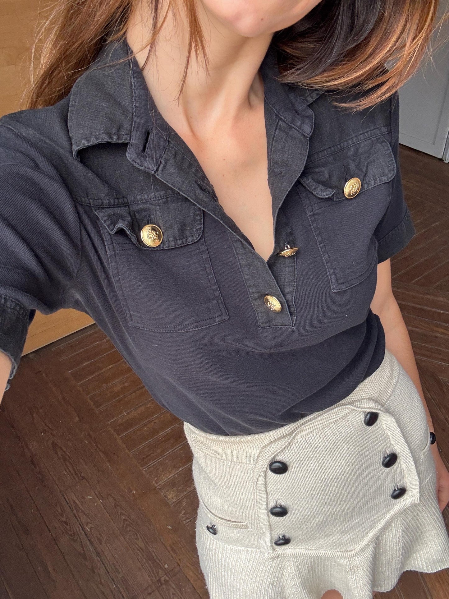 Vintage Carolina Herrera Black Shirt – Gold Button Detail Cotton Polo Style Top Size M