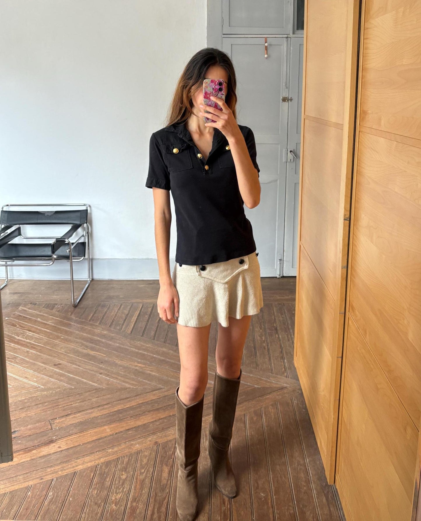 Vintage Carolina Herrera Black Shirt – Gold Button Detail Cotton Polo Style Top Size M