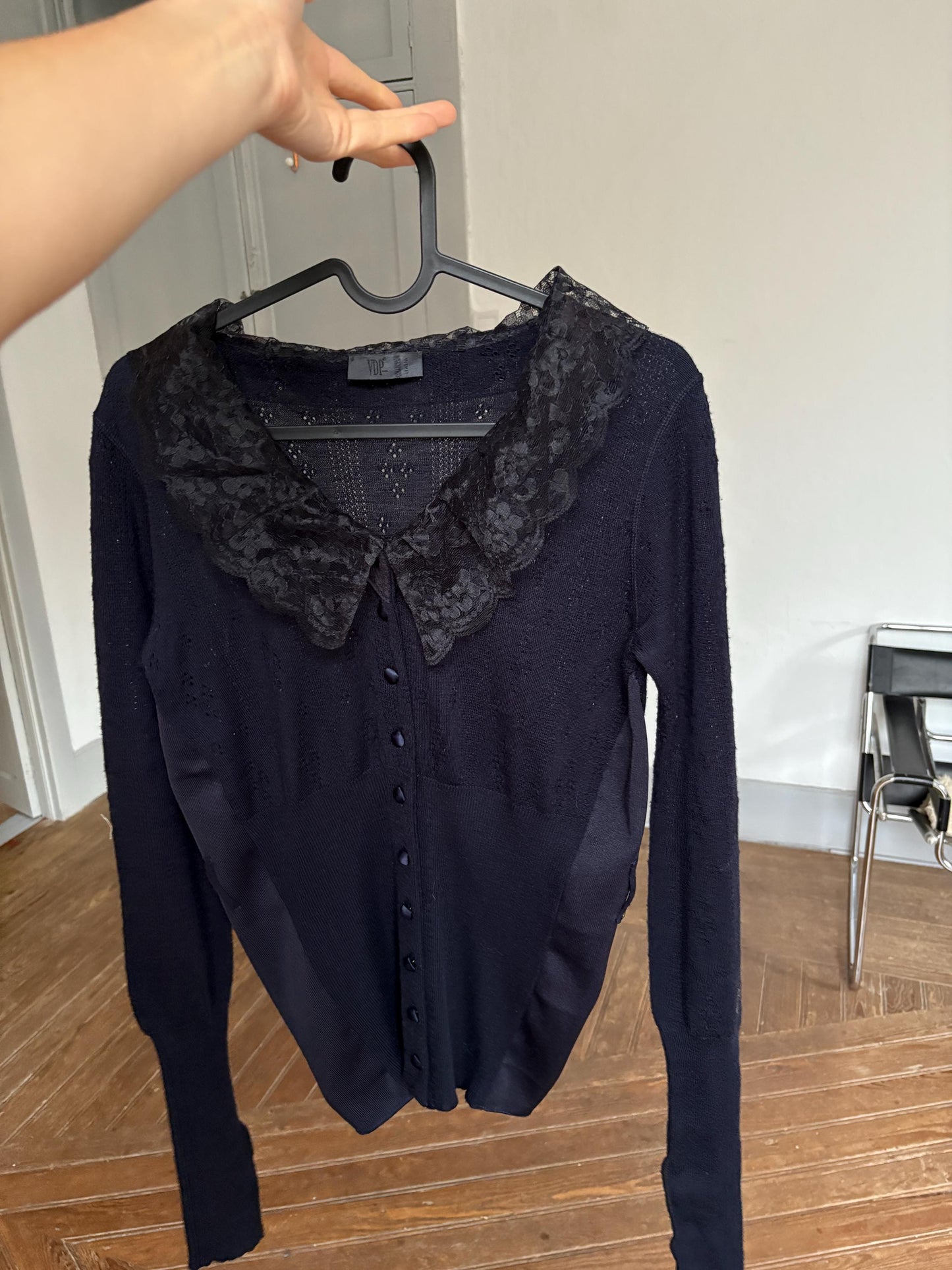 Vintage VDP Dark Blue Romantic Shirt – Long Sleeve Lace Collar Italian Top