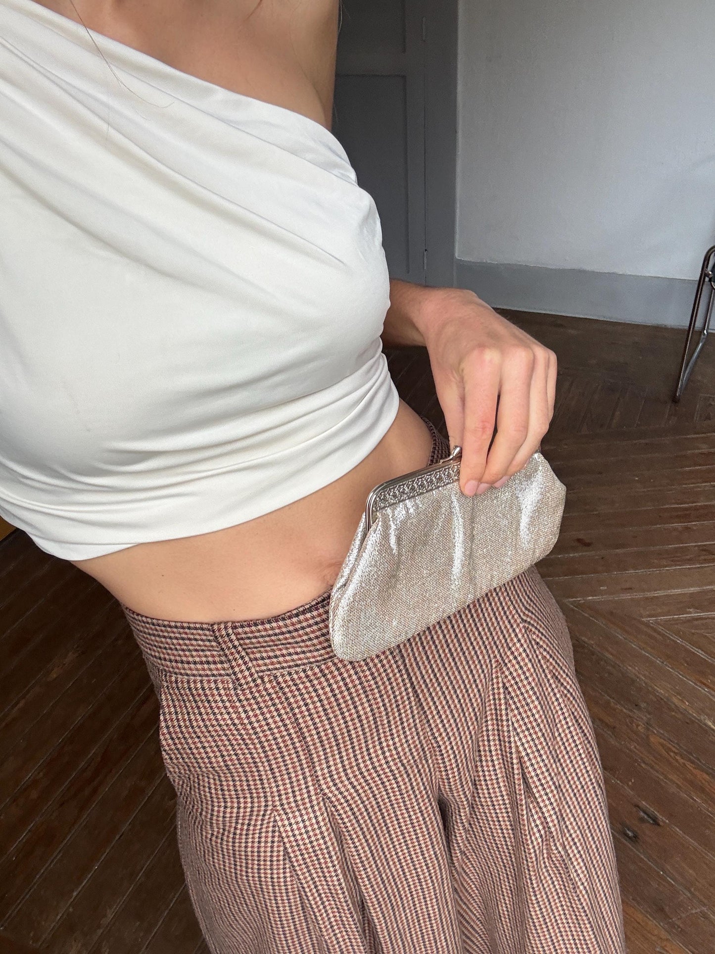 Vintage Silver Purse or Wallet – 80s Sparkly Evening Clutch with Loops for Strap Option,