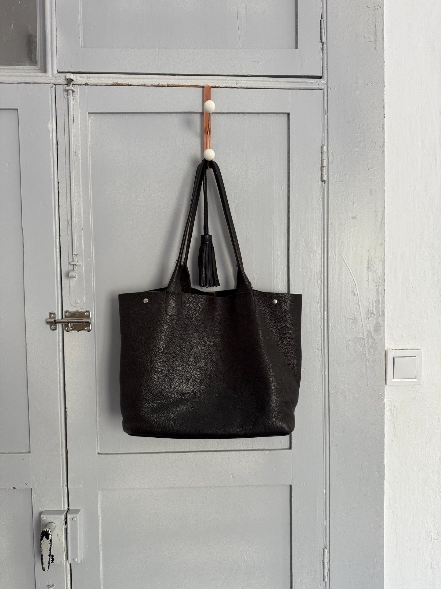 Black leather bag, Minimalist stylish shopper, Luxe diaper bag, Tassel detail schoolbag roomy book bag