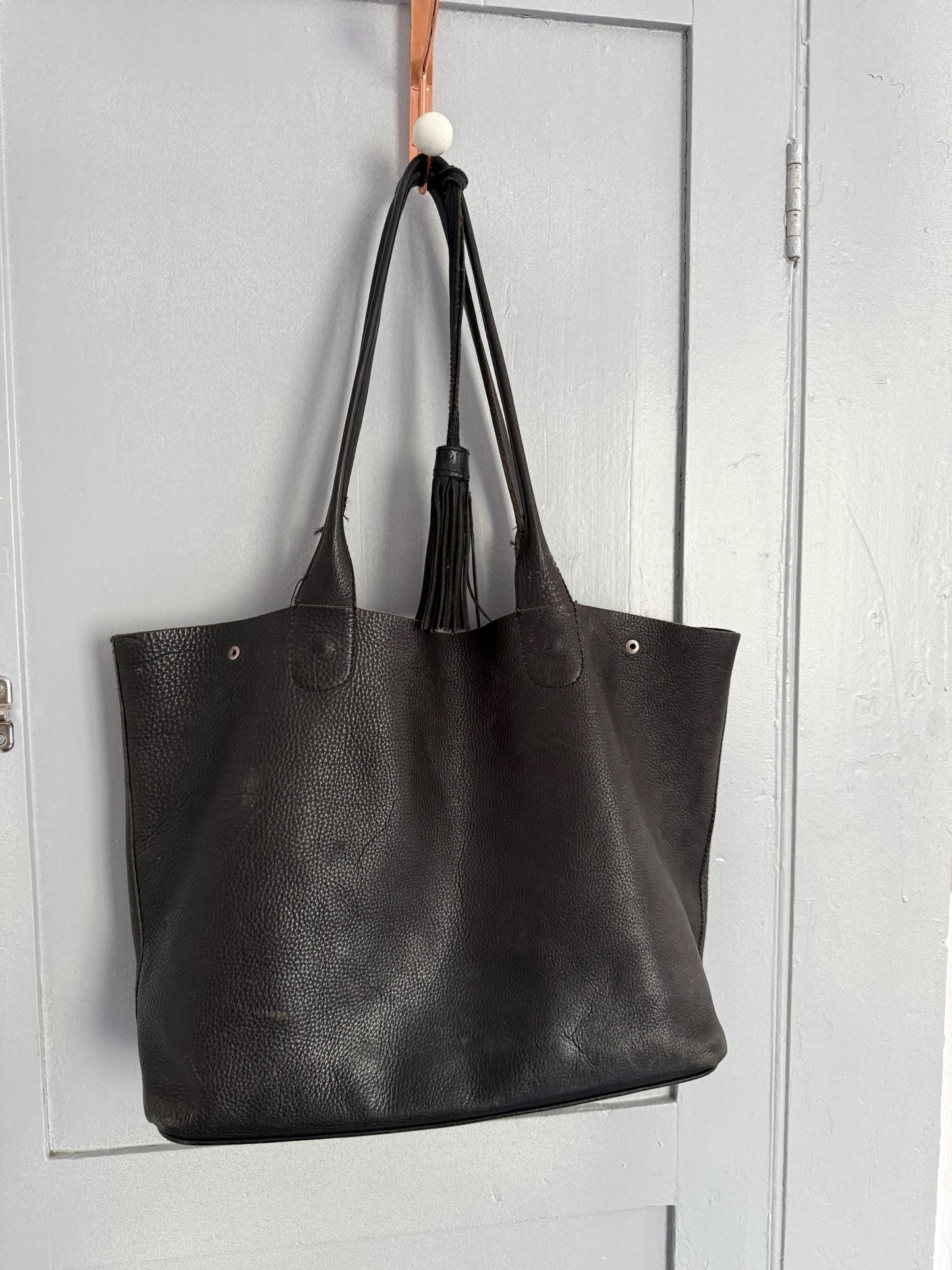 Black leather bag, Minimalist stylish shopper, Luxe diaper bag, Tassel detail schoolbag roomy book bag