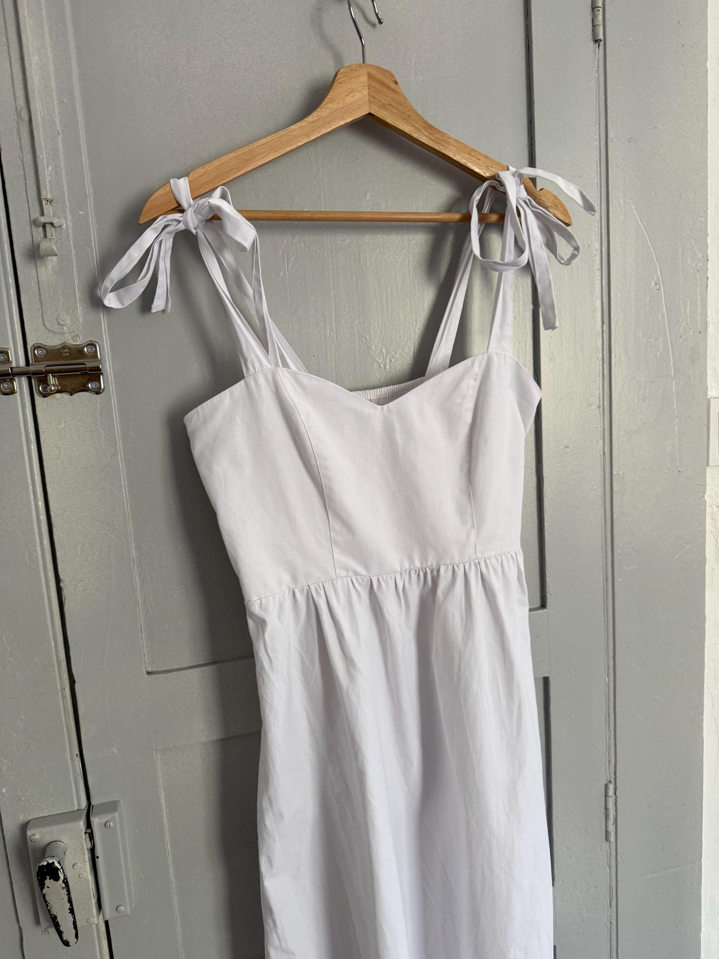 White summer dress, Minimalist romantic beach outfit, Cute strappy midi dress, Sustainable recycled maxi dress, Size S - M