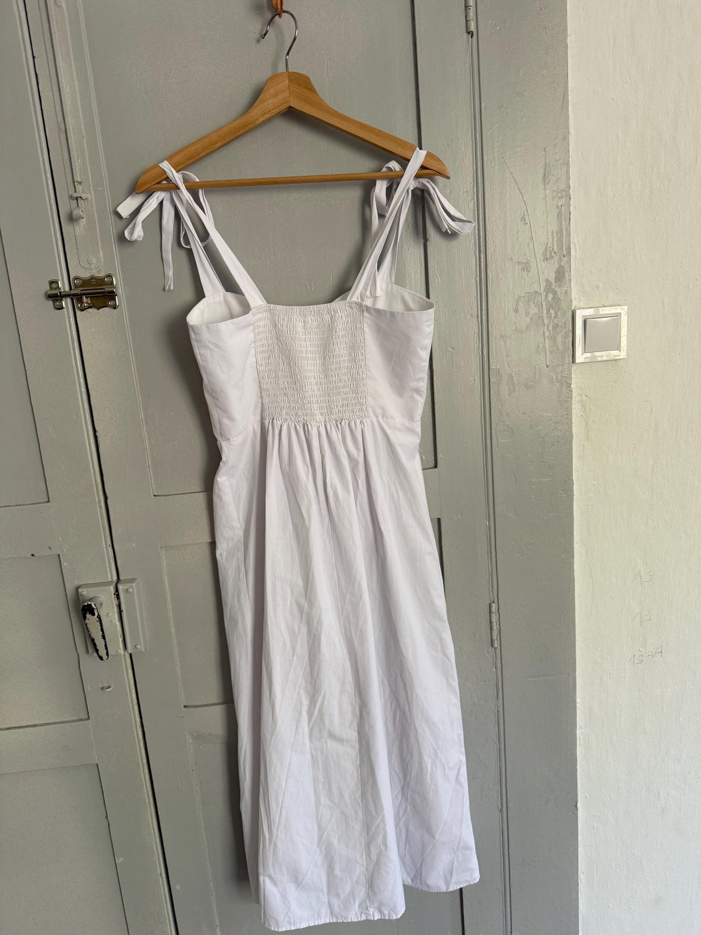 White summer dress, Minimalist romantic beach outfit, Cute strappy midi dress, Sustainable recycled maxi dress, Size S - M