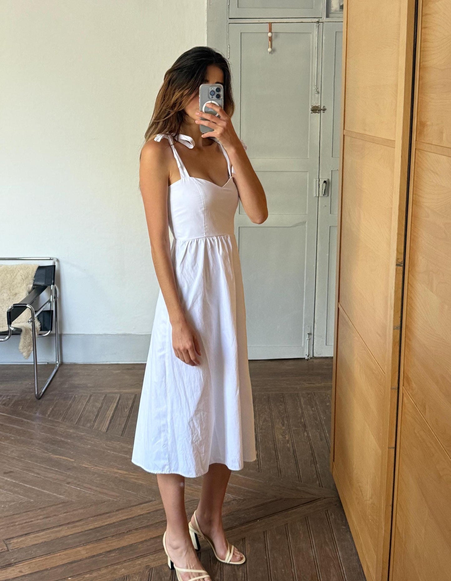 White summer dress, Minimalist romantic beach outfit, Cute strappy midi dress, Sustainable recycled maxi dress, Size S - M
