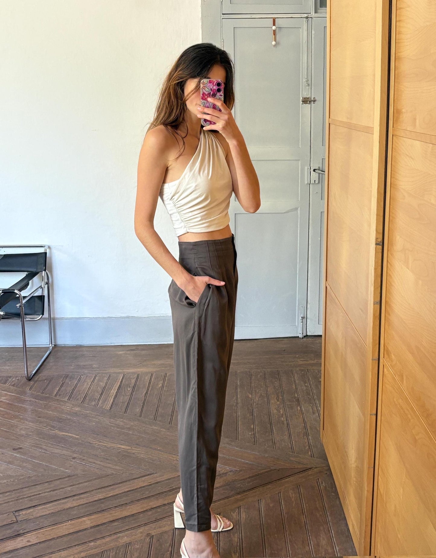 Vintage Minx by Eva Lutz Brown High Waisted Trousers – Cupro Silk Blend Tailored Pants Made in Germany – Relaxed Fit Workwear (EU 38)