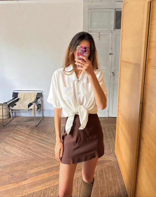 Vintage cottage core woman button up shirt lace collar 80s style blouse romantic embroidered pocket , Size: M (EU 38-40 / US 8-10)