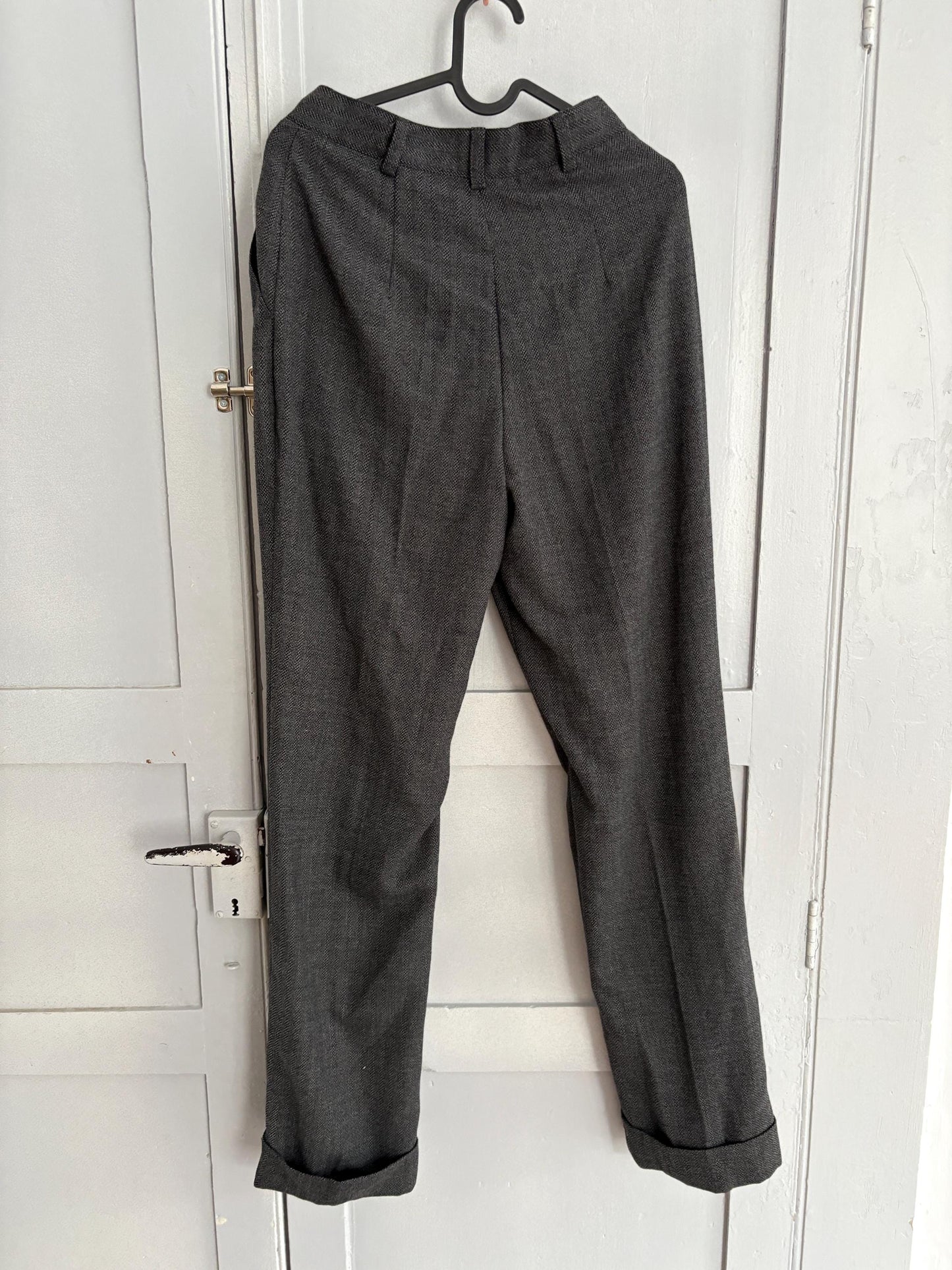 Vintage wool blend trousers DRACH for El Corte Inglés dark academia aesthetic long pants in grey herringbone textured weave