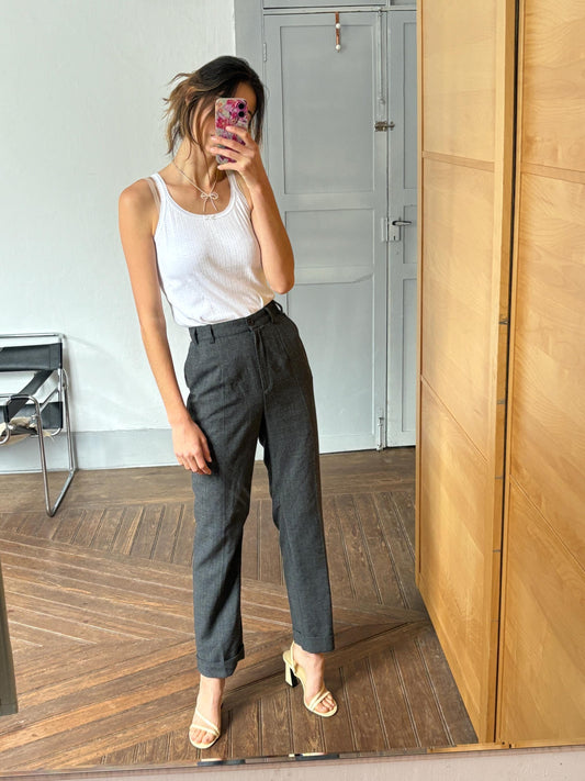 Vintage wool blend trousers DRACH for El Corte Inglés dark academia aesthetic long pants in grey herringbone textured weave
