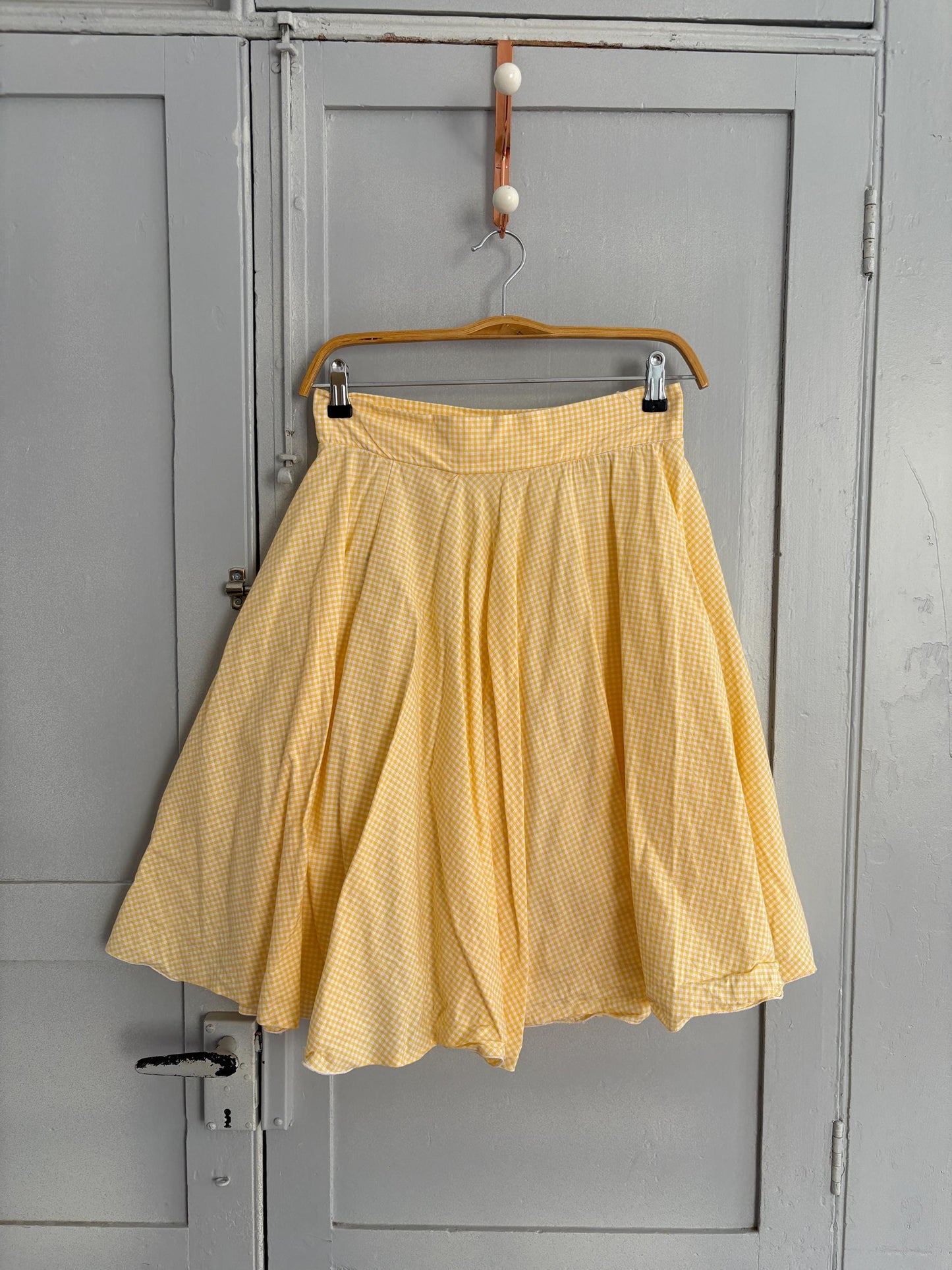 Vintage yellow cottage core mini skirt picnic checkered pattern wedding guest summer party volume zipper closure, Size S