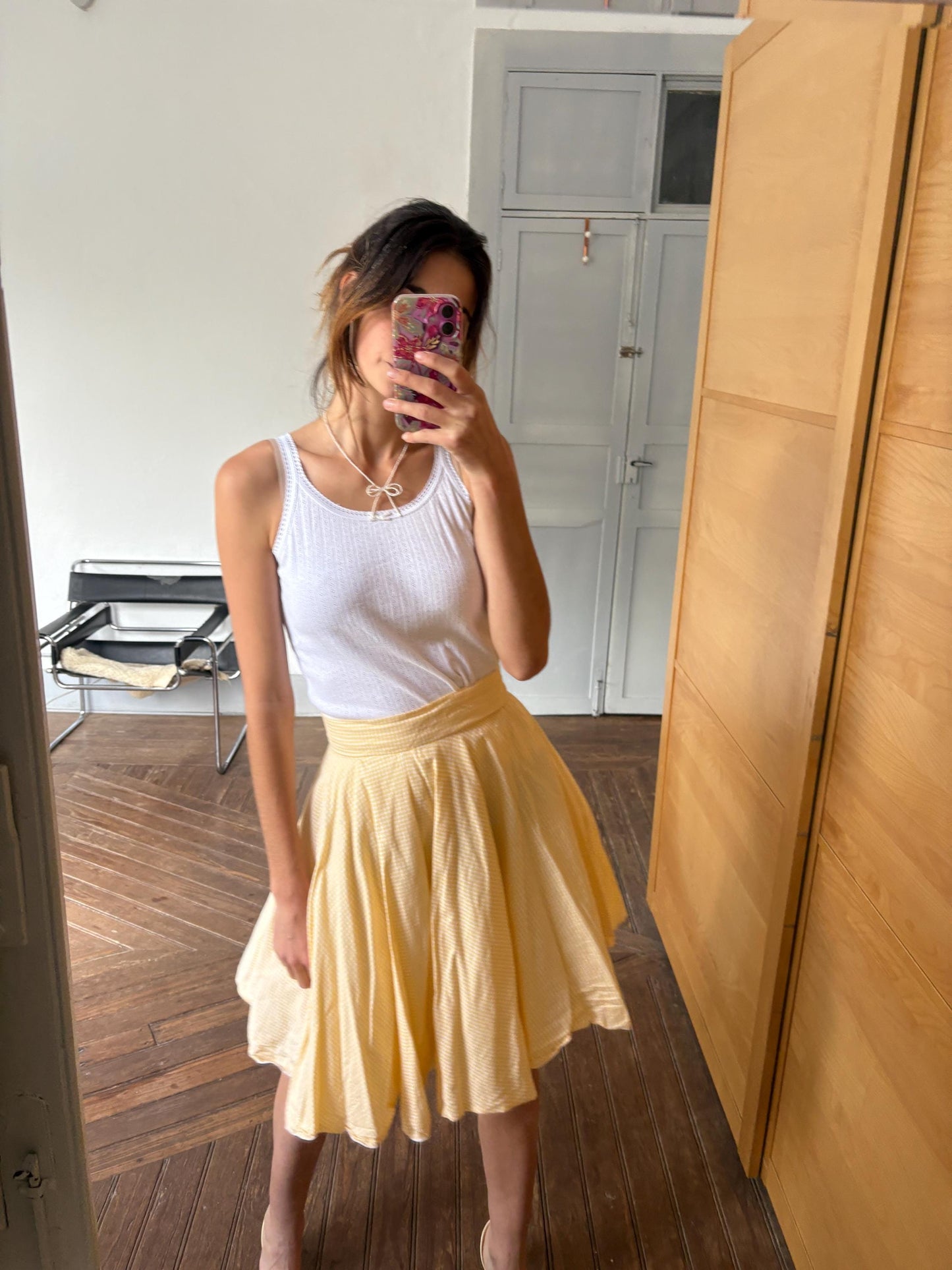 Vintage yellow cottage core mini skirt picnic checkered pattern wedding guest summer party volume zipper closure, Size S