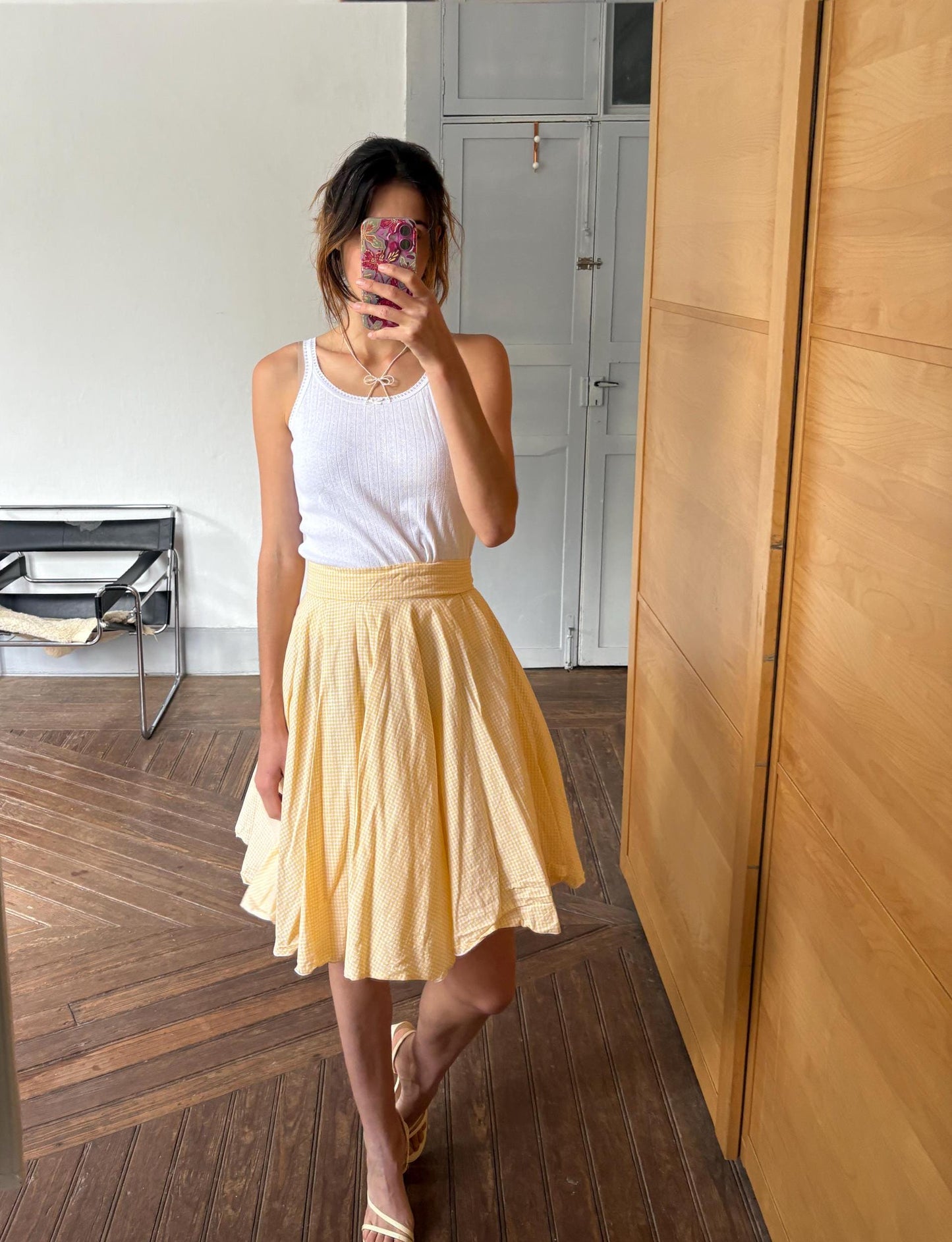 Vintage yellow cottage core mini skirt picnic checkered pattern wedding guest summer party volume zipper closure, Size S