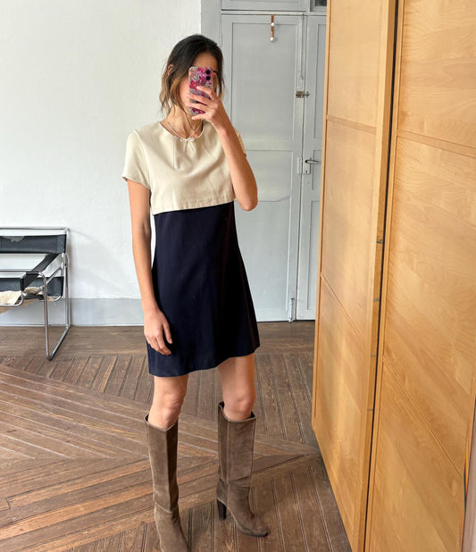 Luxury vintage UTERQÜE colorblock dress, beige black XL short sleeve dress, Designer minimalist chic outfit, retro office dinner style