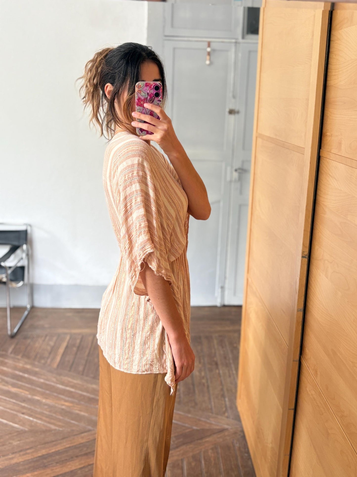 vintage striped boho tunic top romantic tie front blouse soft pink shimmer cottagecore layering piece