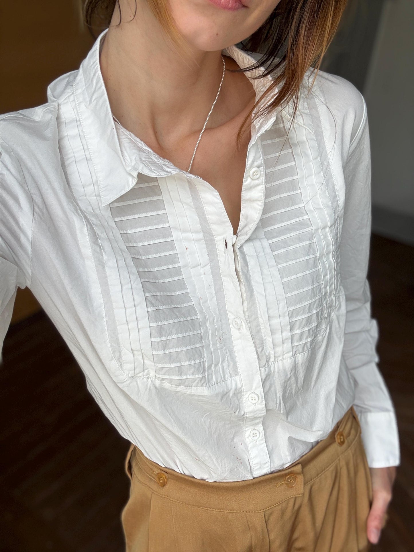vintage white blouse pleated front romantic shirt long sleeve minimalist top button down EU 40 US M