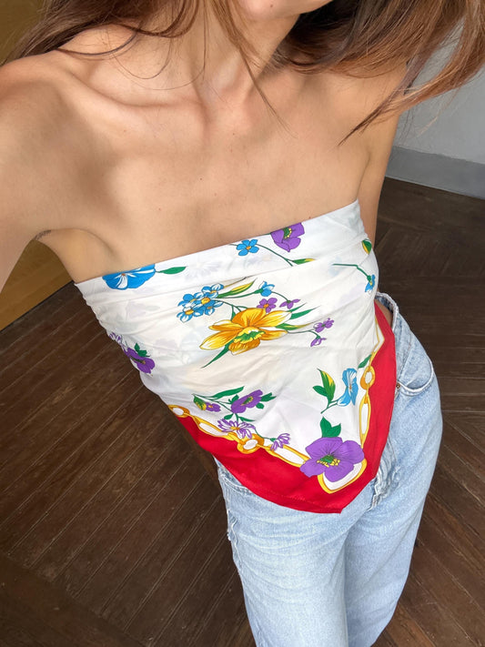 Vintage scarf, Fun playful summer top, Colourful wrap around accessory, Cottage core vibe, Floral print made in Italy mini top